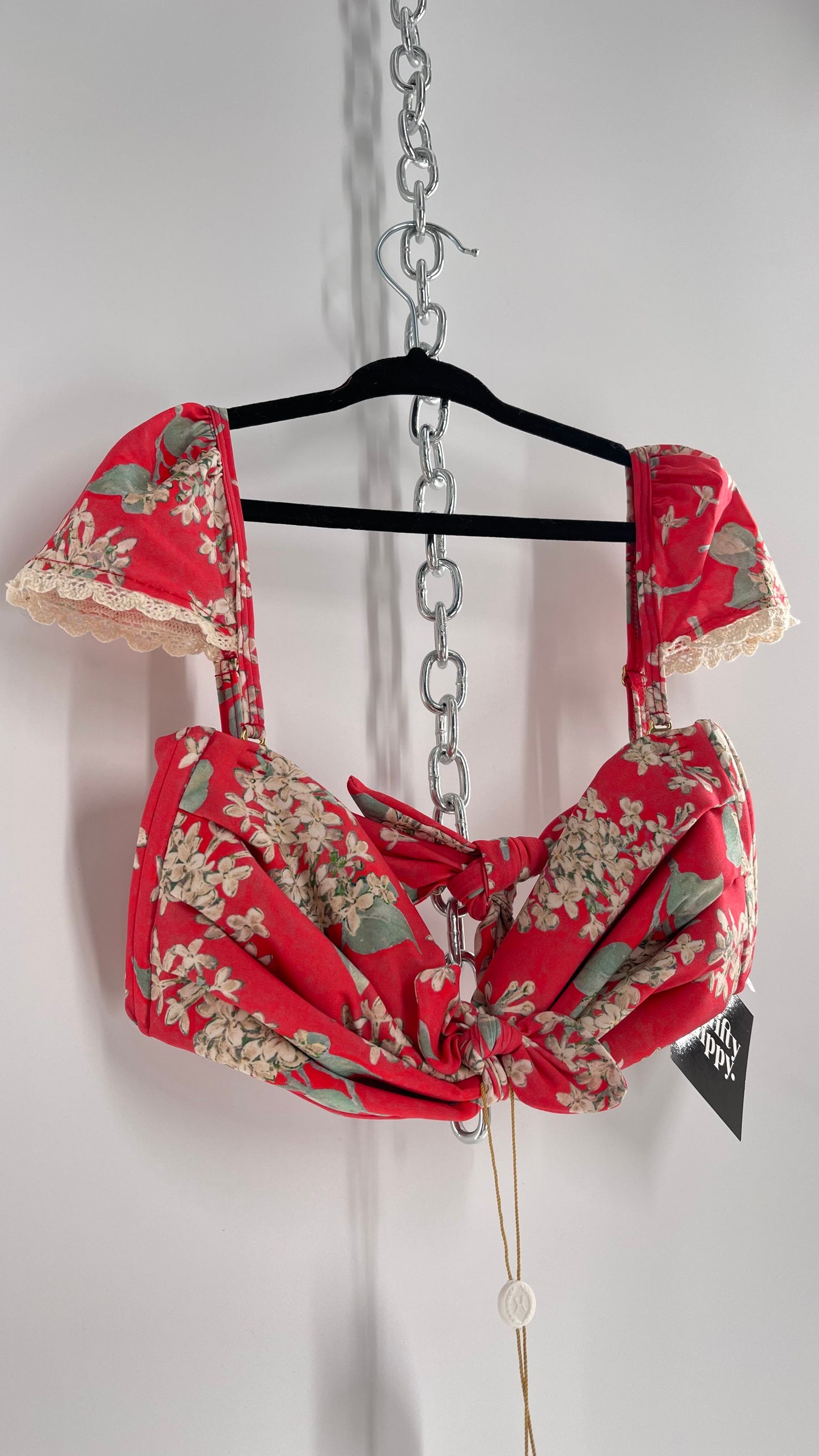 MONTCE Free People Pink Floral Tie Bust Swim Top with Cap Sleeves, Lace Edges, and Tags Attached (Medium)