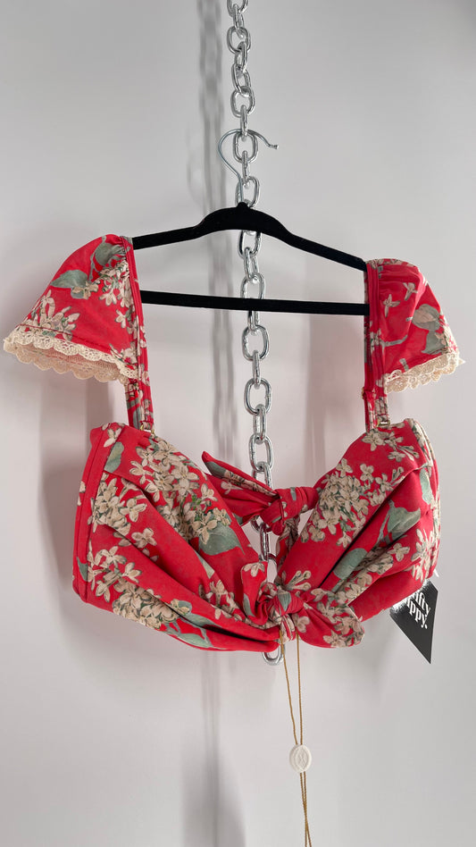 MONTCE Free People Pink Floral Tie Bust Swim Top with Cap Sleeves, Lace Edges, and Tags Attached  (Medium)