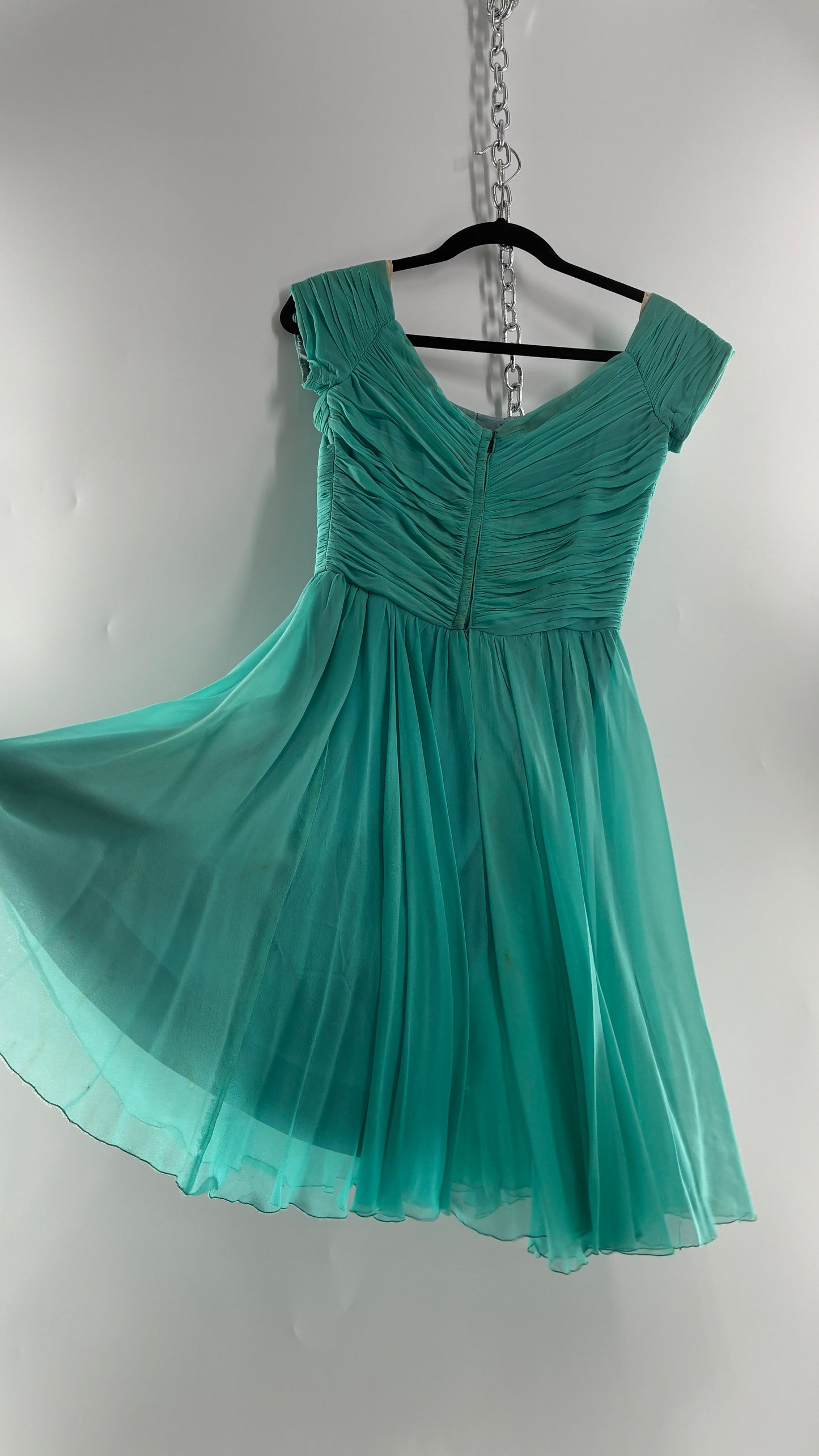 Vintage Teal Handmade Mini Dress with Pleated Basket Woven Bust (XS)