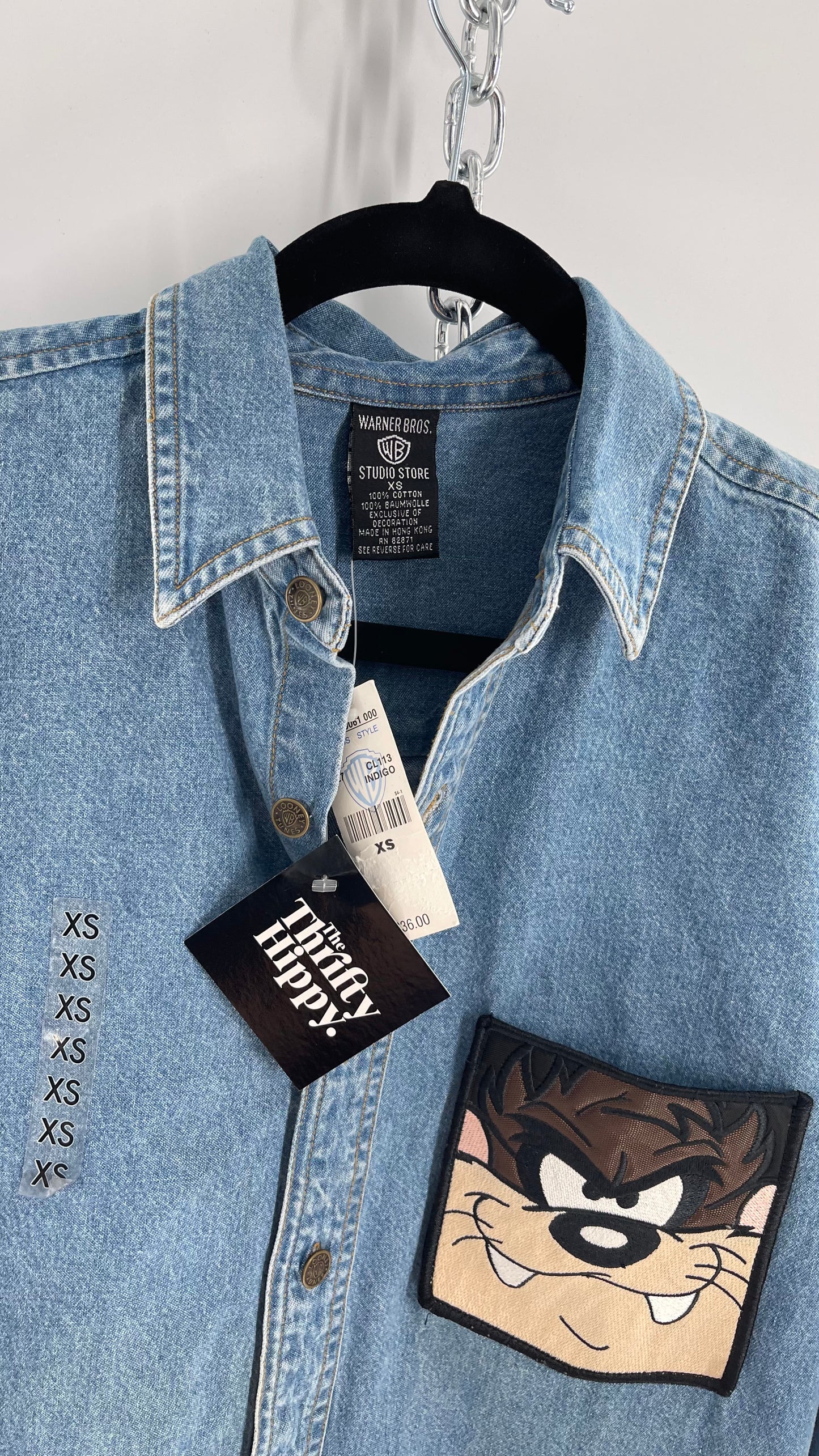 Deadstock Vintage Warner Bros Looney Tunes Denim Longsleeve with Embroidered Taz Pocket (XS/S)