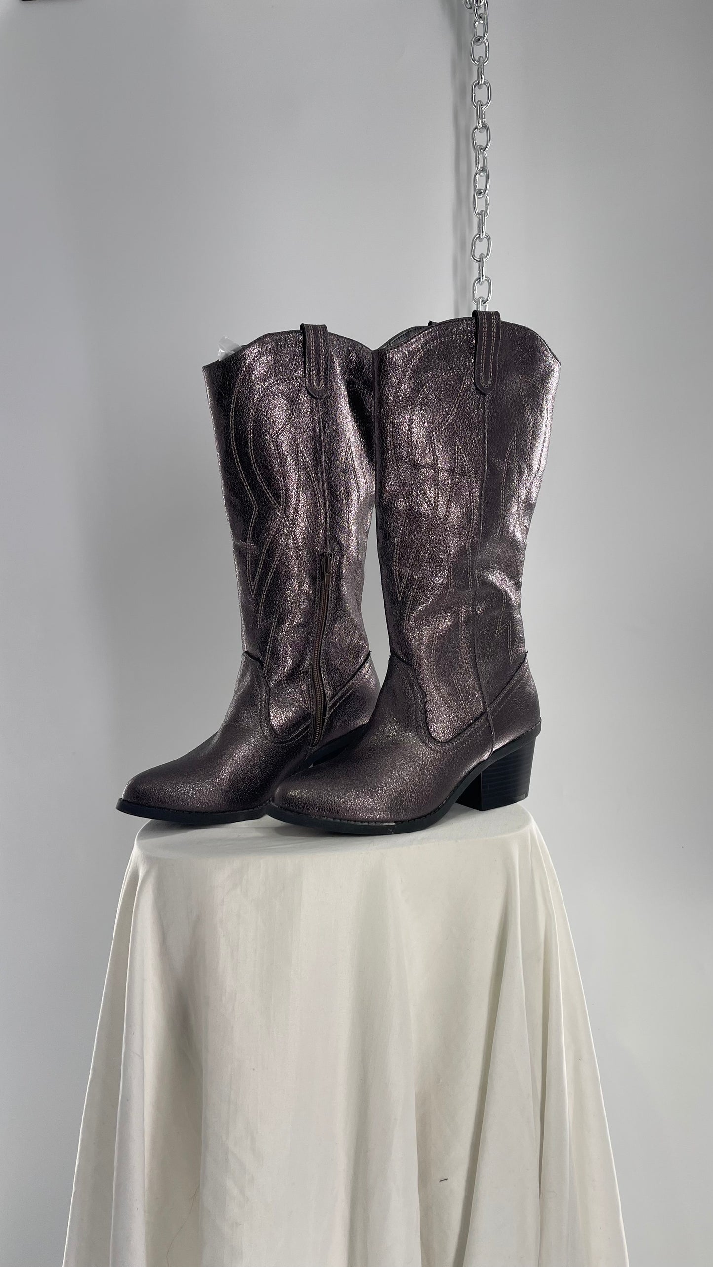 Vintage POP Metallic Silver Knee High Cowgirl Boots with Pointed Toe (6)