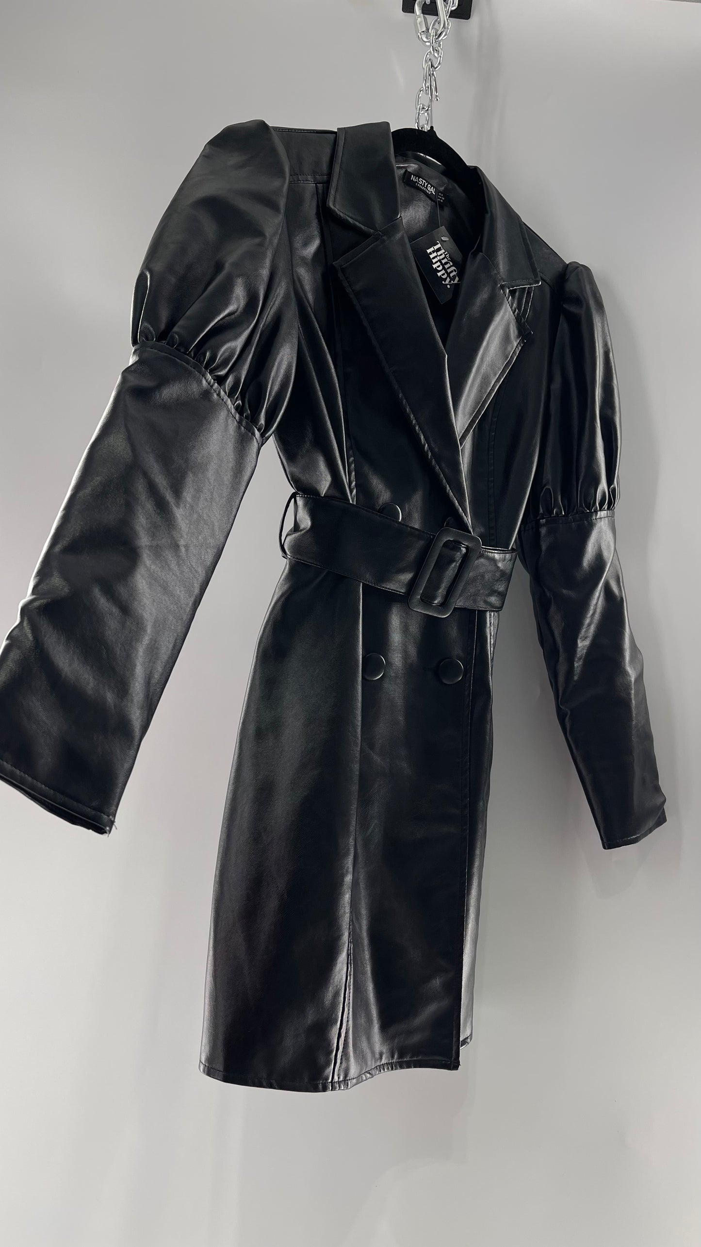 NASTYGAL Black Patent Pleather Puff Shoulder Belted Trench Coat (C)(6)