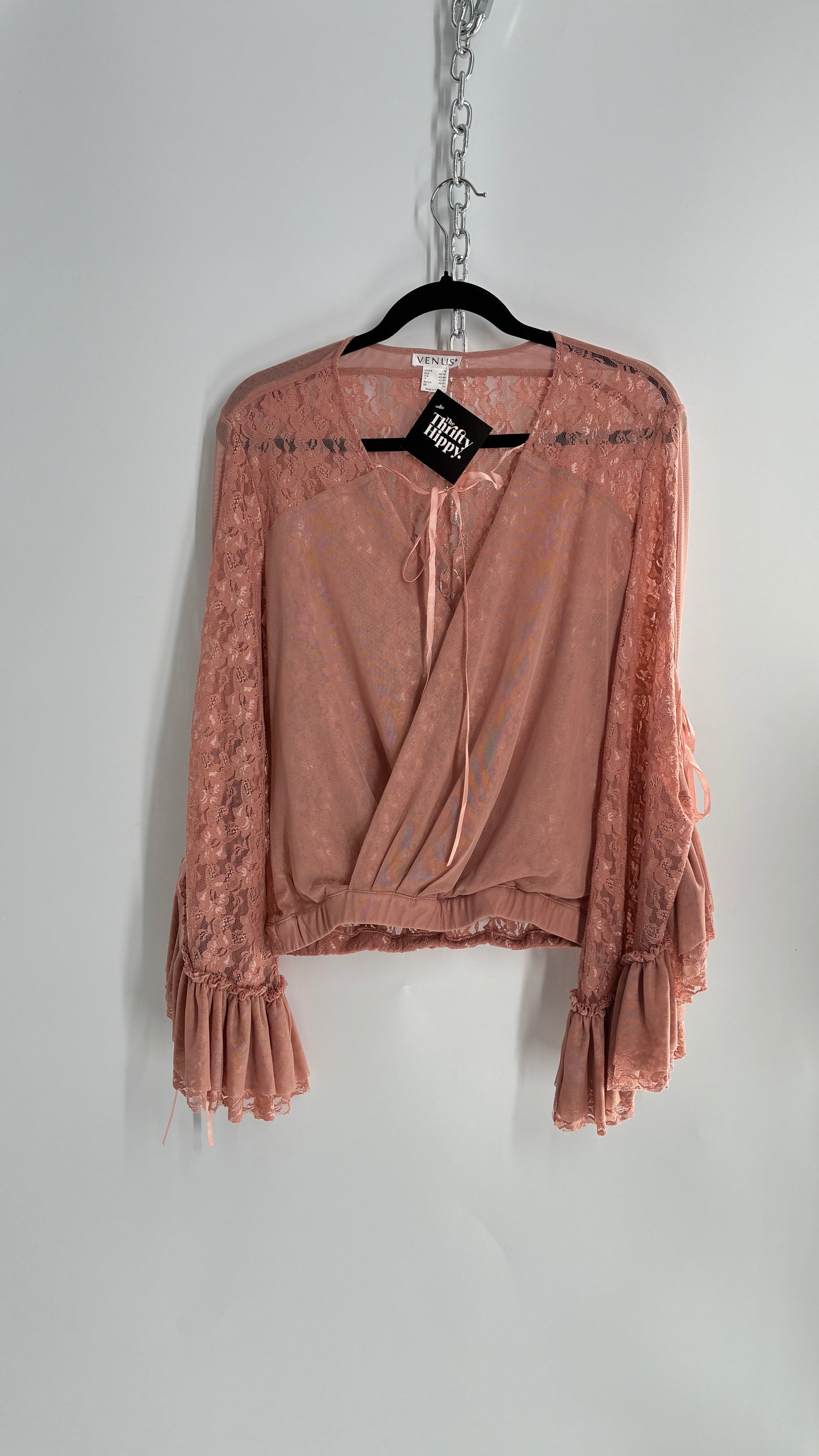 Vintage VENUS Blush Pink Lace Blouse with Voluminous Multi-Layer Bell Sleeves (Medium)
