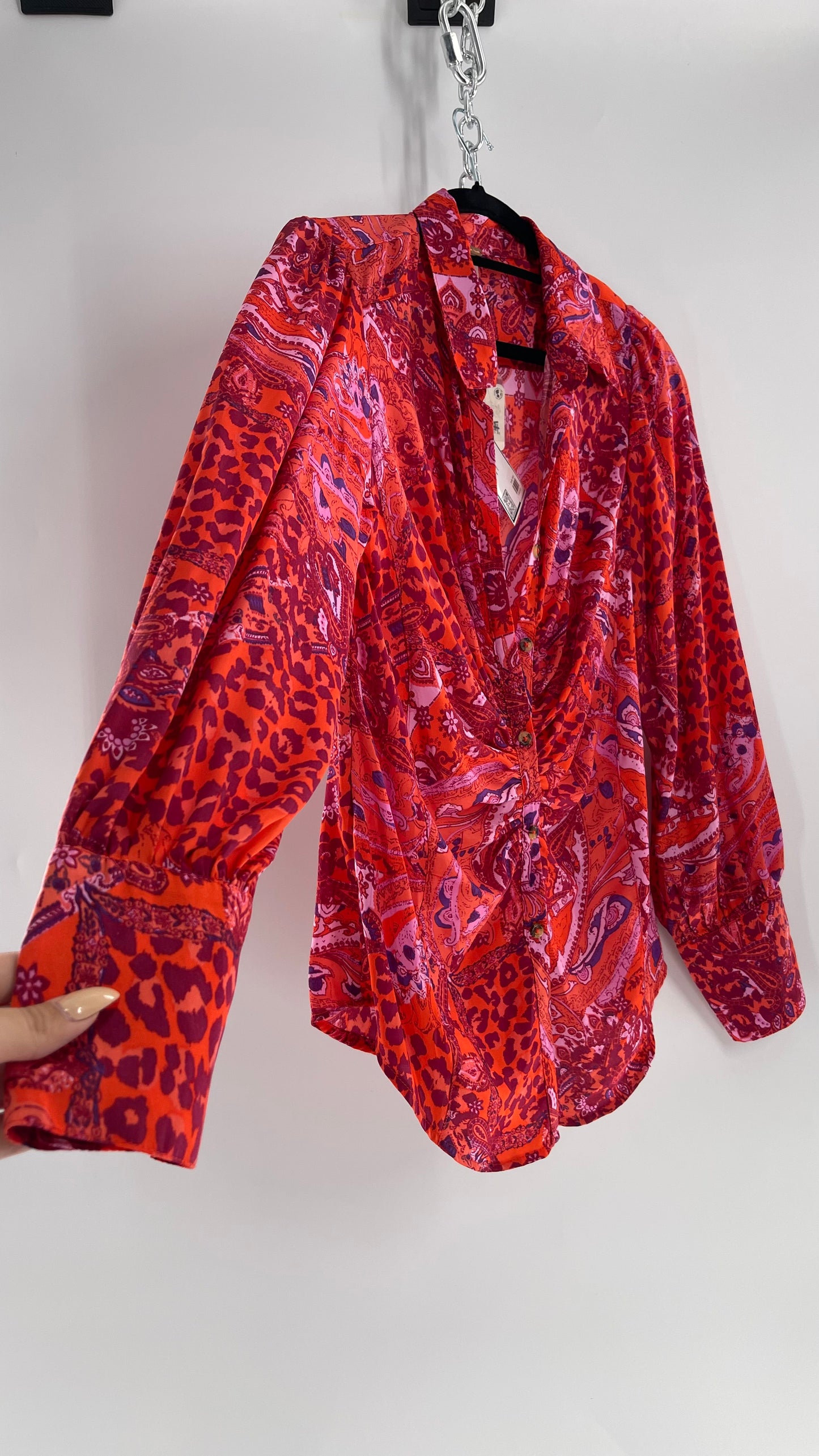 Free People Red, Neon Orange Leopard Paisley Patterned Button Front(Medium)