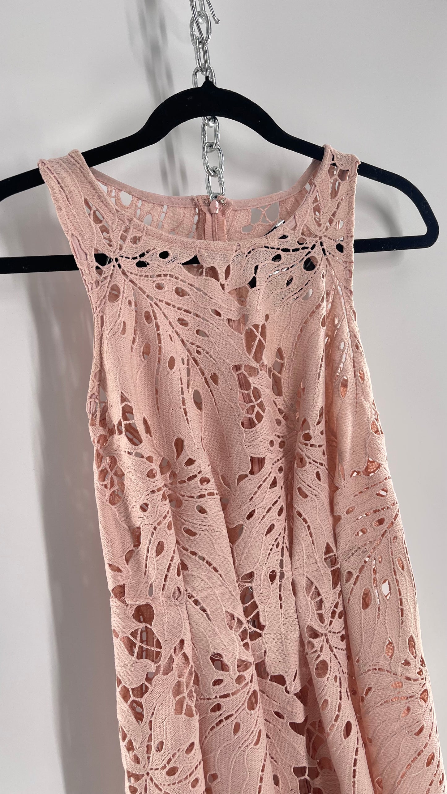 Anthropologie Eva Franco Baby Pink Completely Laser Cut Lace Palm Leaf Knee High Dress (2)