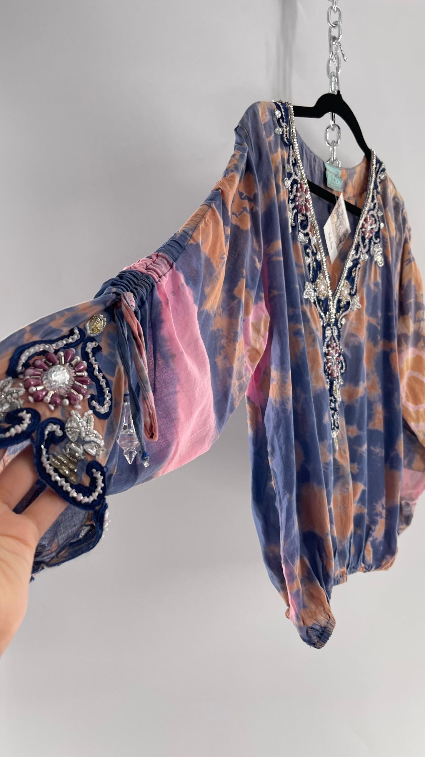 TAJ by Sabrina Crippa Tie Dye Blouse with Gemstone Encrusted Neckline and Ruched Beaded Sleeves (S/M)
