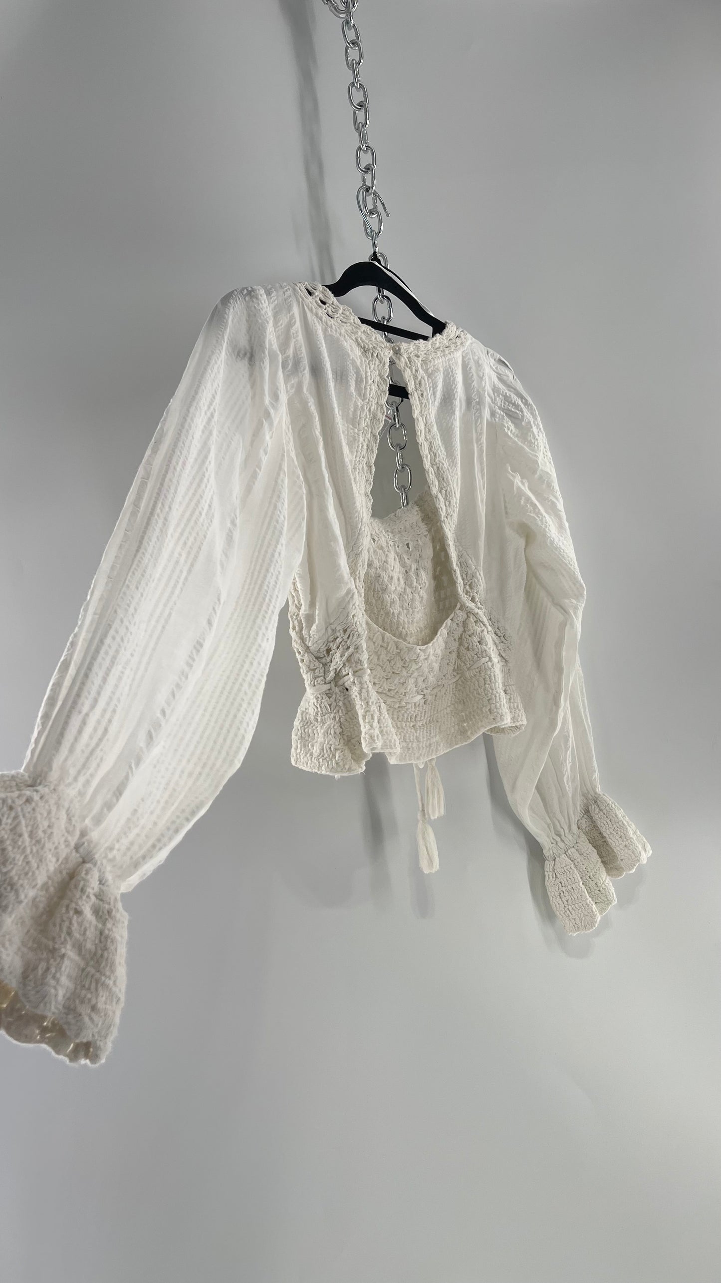 Free People White Megan Blouse with Crochet Knit Bodice and Open Back (XS)