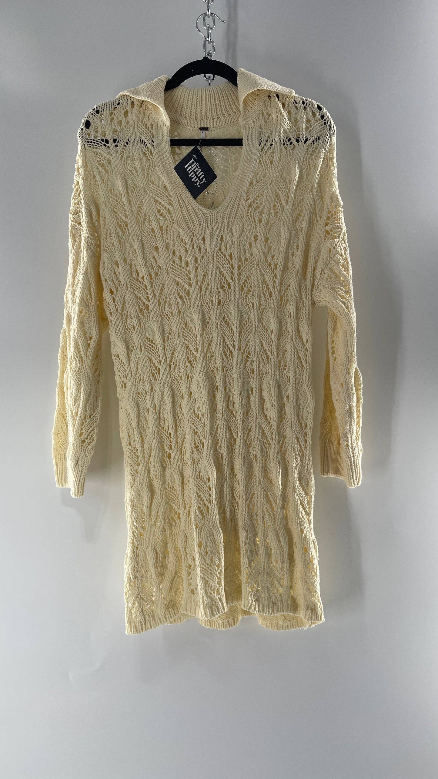 Free People Baby Yellow Comfy n Cozy Open Stitch Knit Sweater Dress (M)