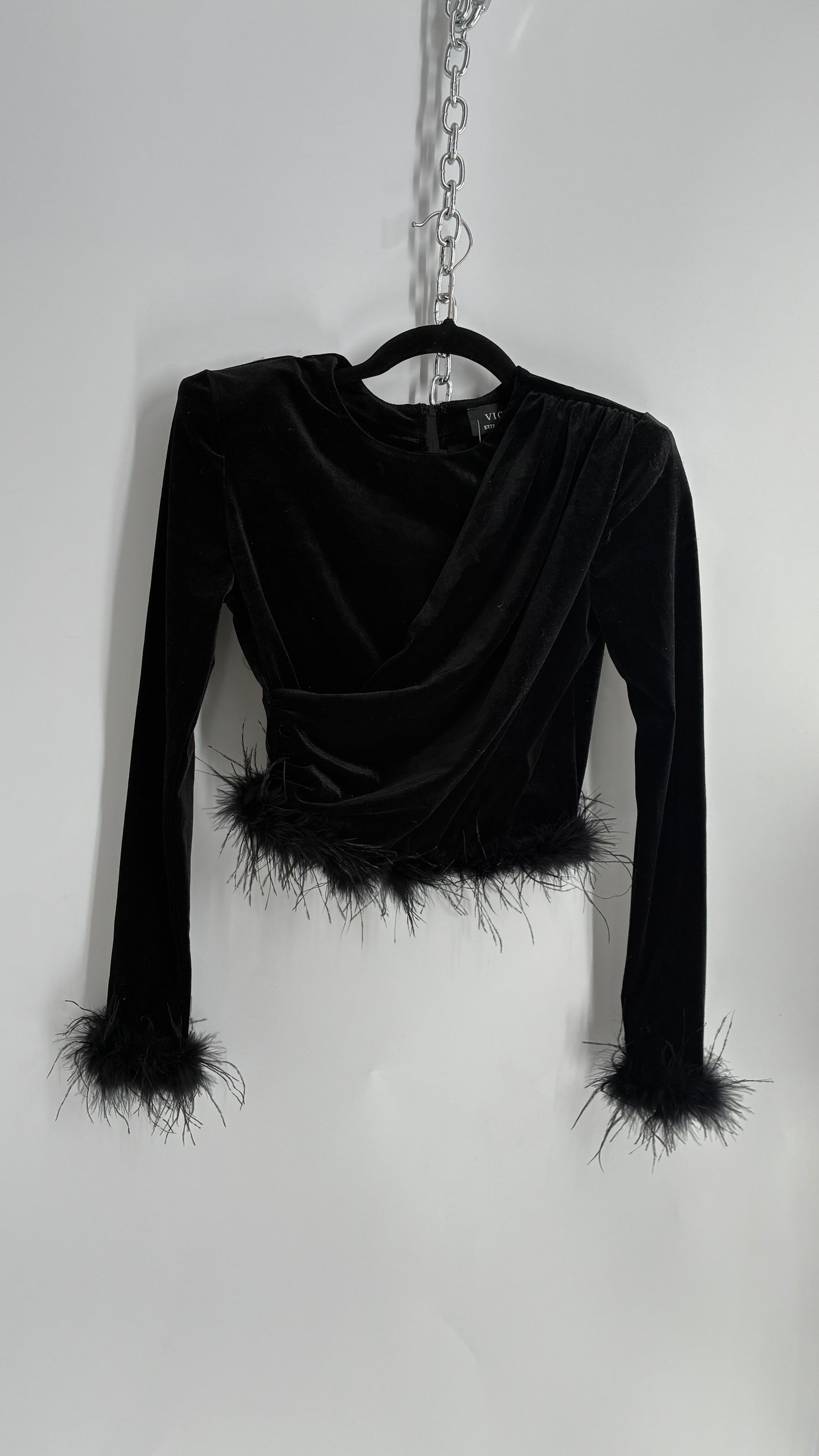 Vintage VICI Black Draped Long Sleeve with Ostrich Feather Hems and Cuff (XS)