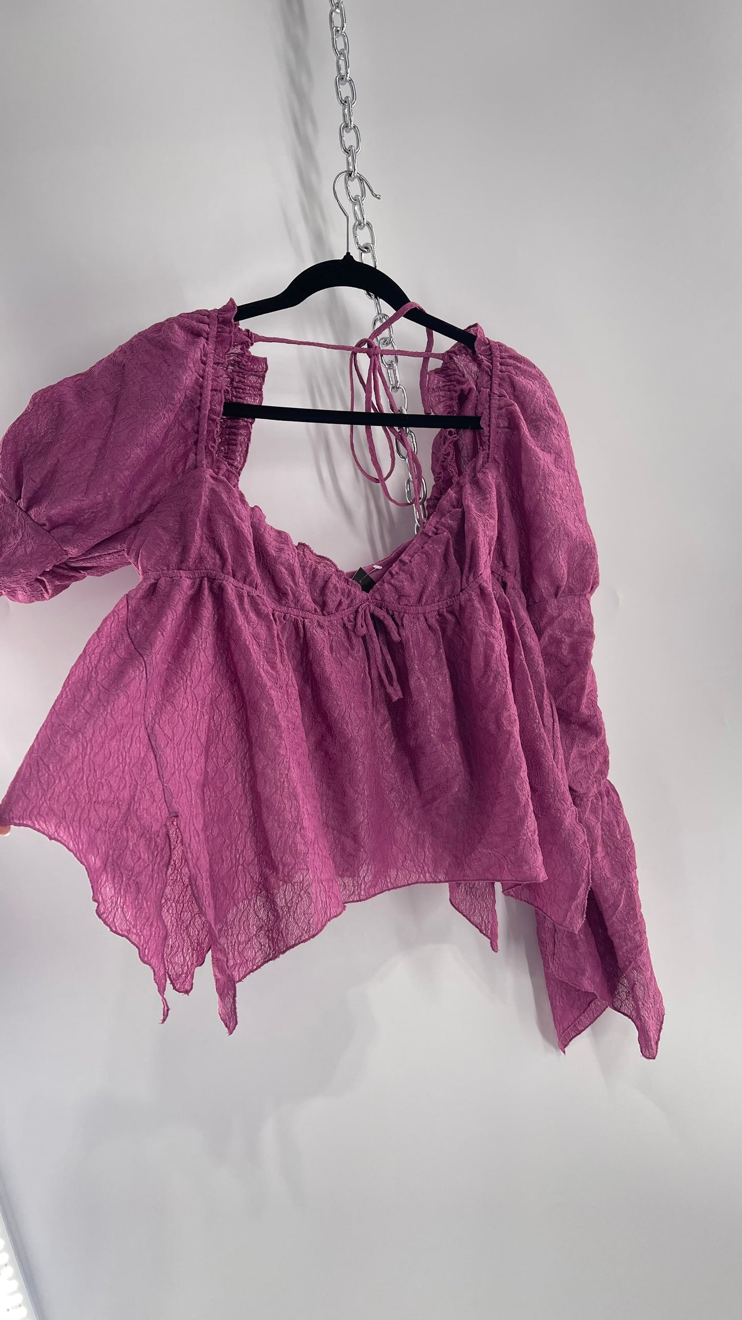 Urban Outfitters Purple Lace Blouse with Handkerchief Slit Hem, Princess Fairy Sleeves, Ruffle Trim Bust and Low Back (Large)
