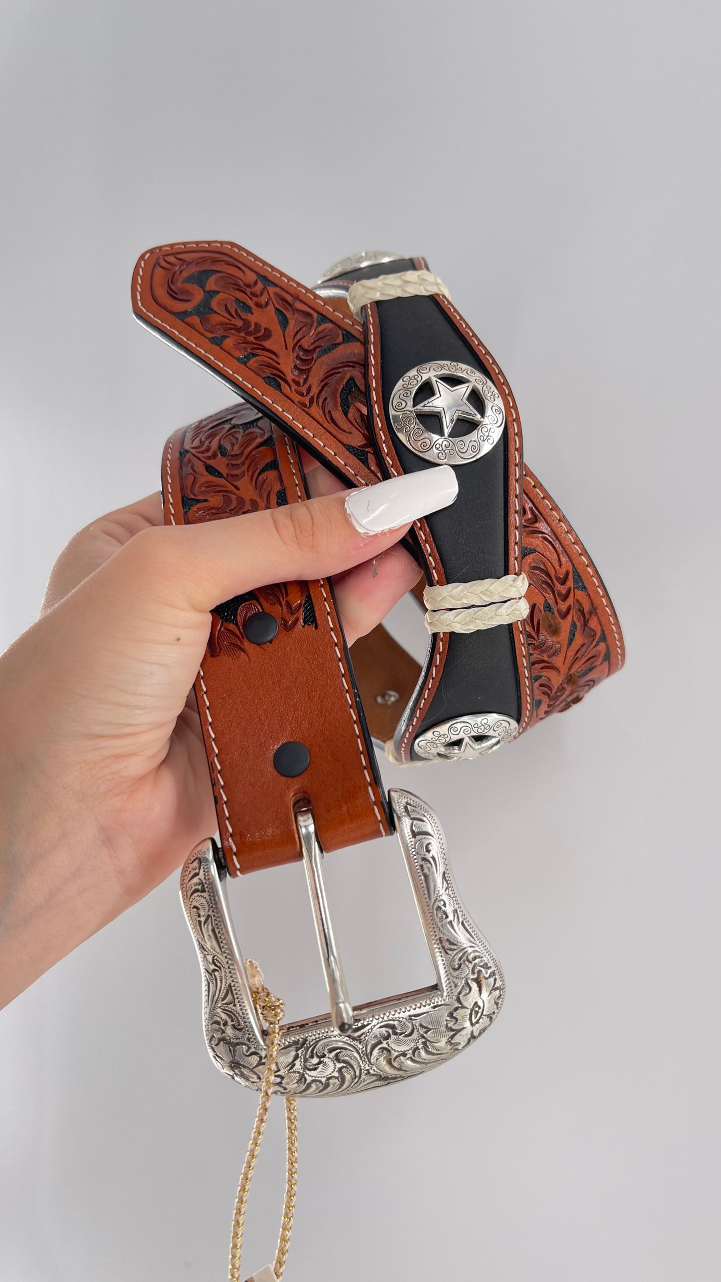 Vintage Ranger Belt Company Genuine Handtooled Leather Metal Stars Embellishments (36)