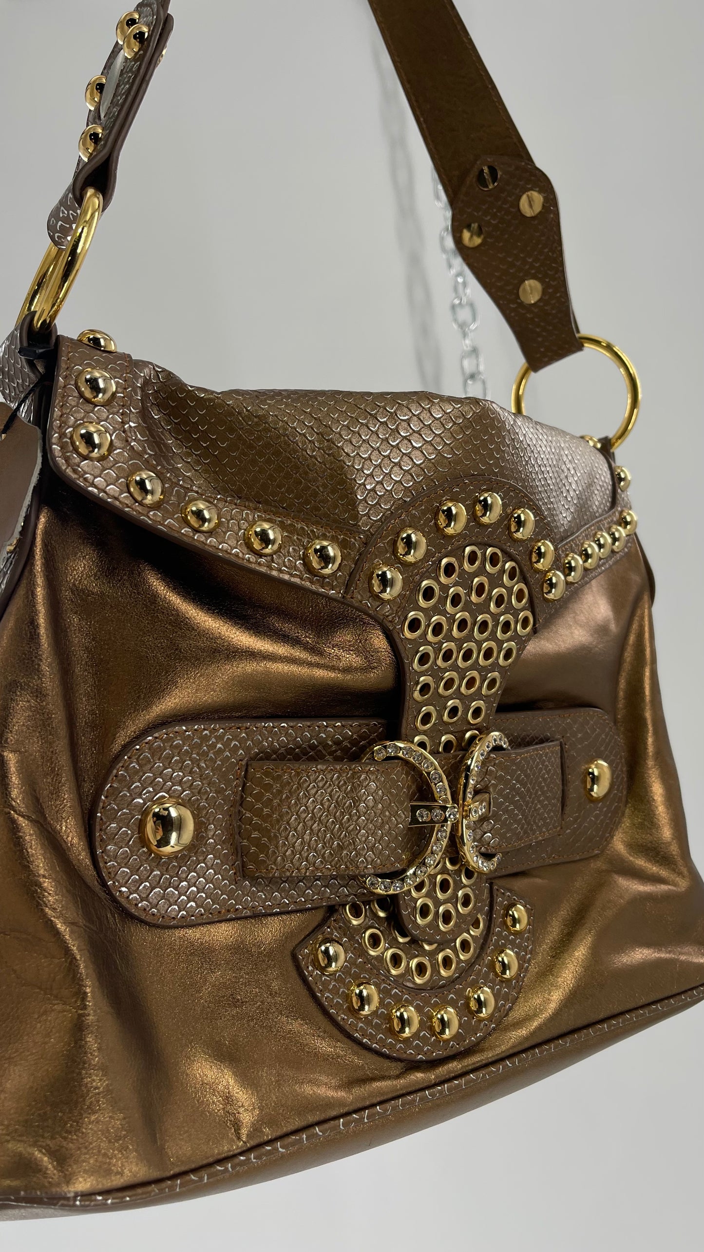 Deadstock Vintage The Find Grandeur Bronze Bag with Grommets, Gemstones, Studs and Exaggerated Buckle
