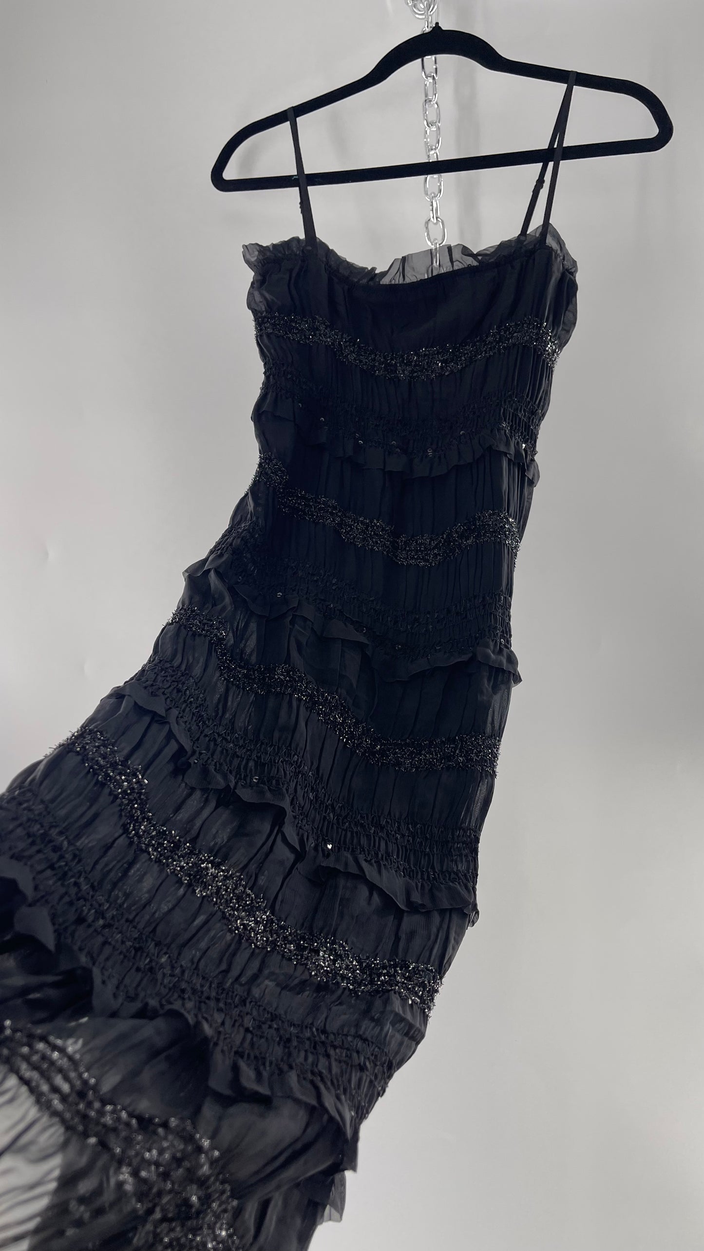 The Commense Black Sheer Crimped Midi Dress with Stripes of Tinsel and Ruffle with Tags Attached (Medium)