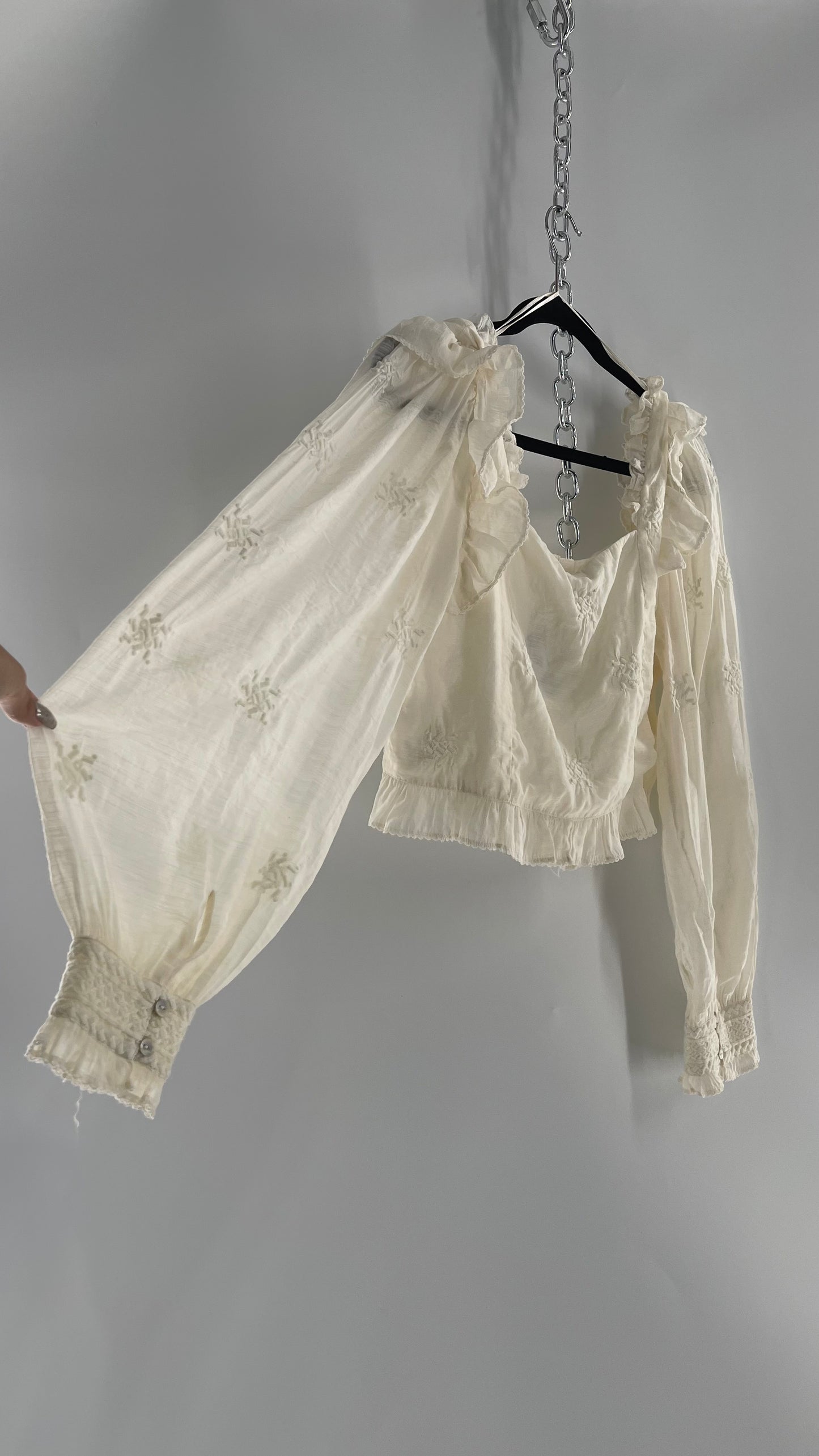Free People White Cotton Bubble Sleeve Blouse with Embroidered Details (Medium)