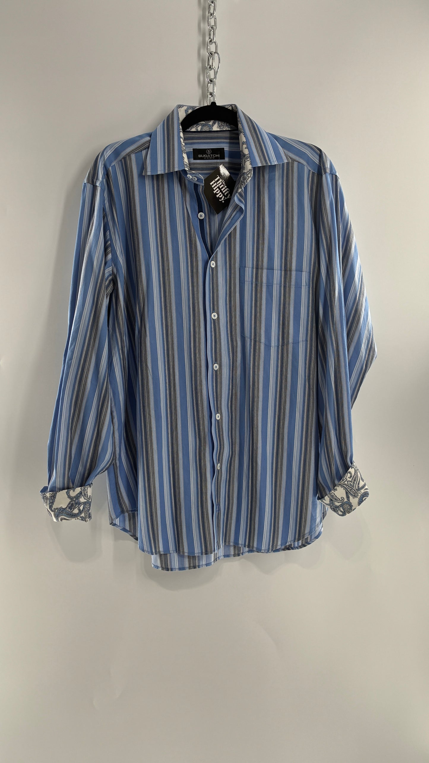 Vintage 1990s Bugatchi Men’s Blue Striped Button Up with Paisley Cuffs (Large)
