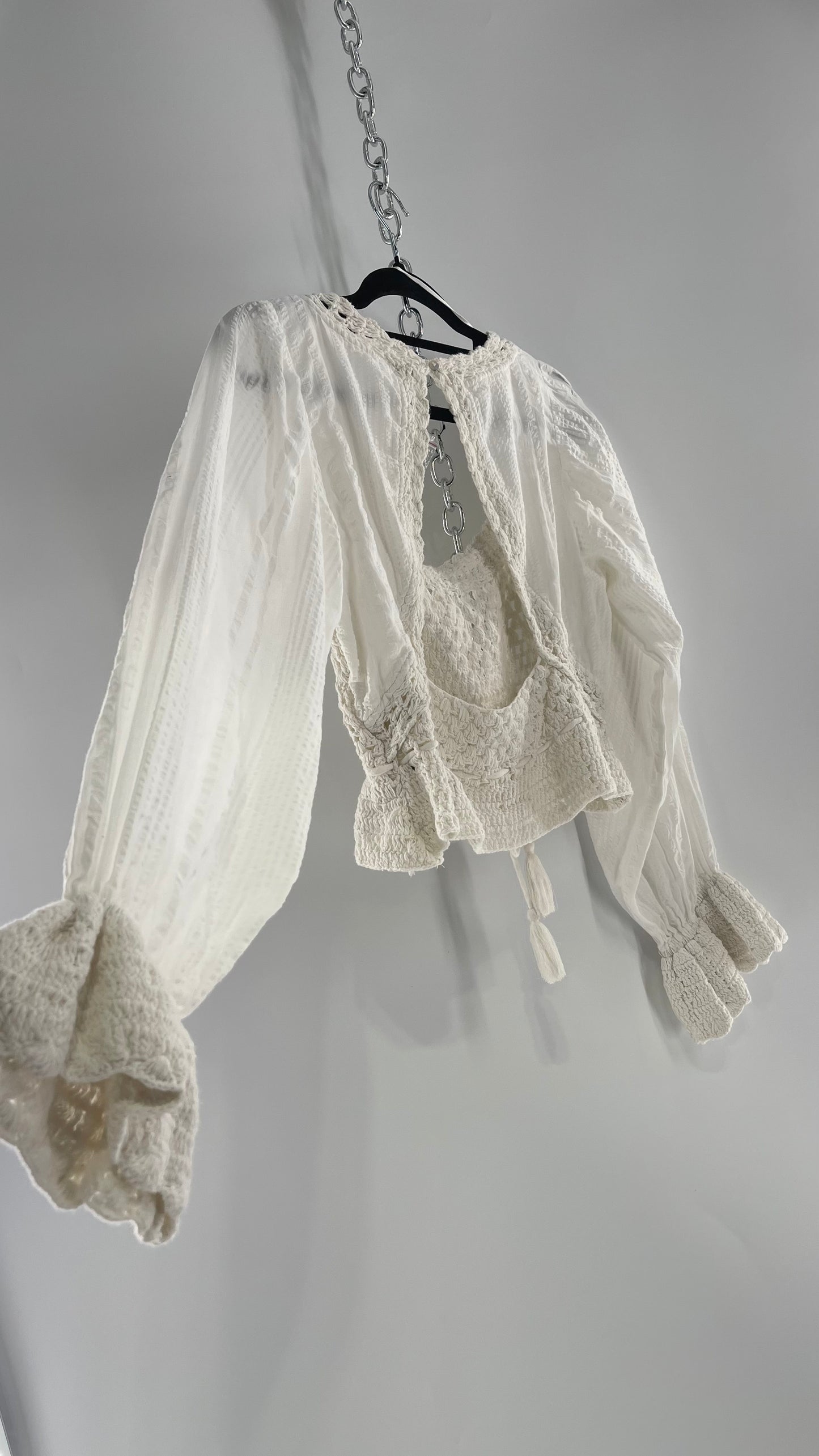 Free People White Megan Blouse with Crochet Knit Bodice and Open Back (XS)