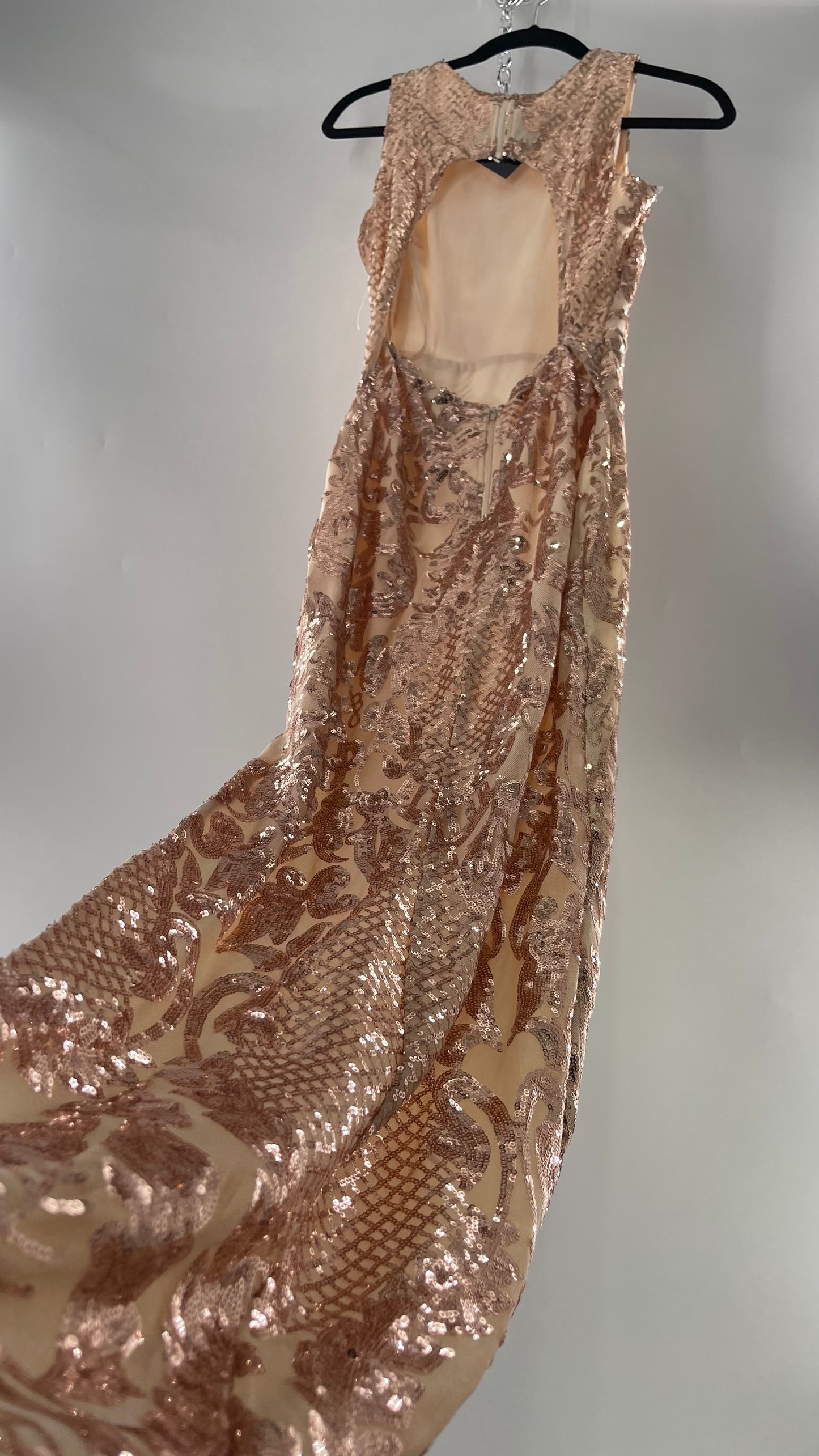 Windsor Rose Gold Sequin Maxi Dress with Side Slit Detail and Open Back (Small)