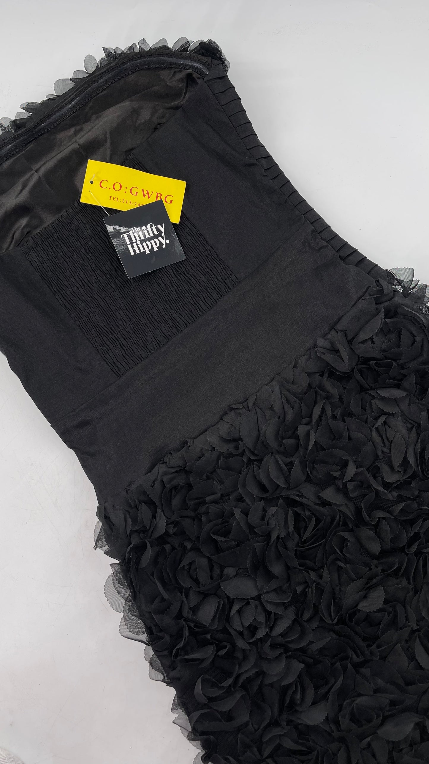 C.O:GWBG Black Dress with Pleated Bodice, Floral Ruffled Skirt and Bedazzled Bustline (S/M)