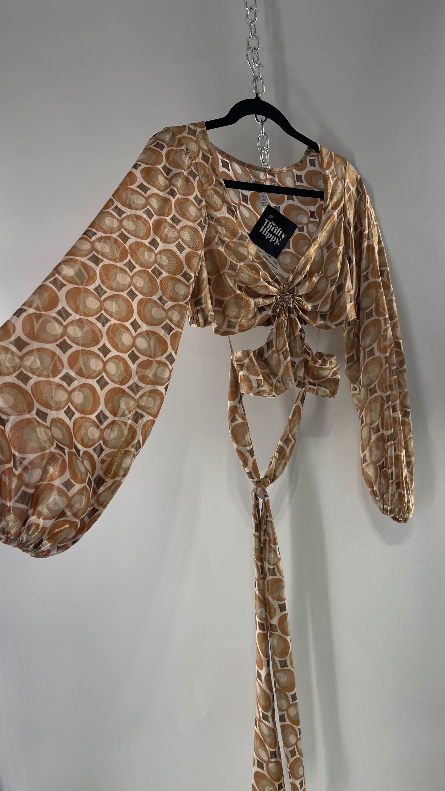 Urban Outfitters Shimmer Top Balloon Sleeve Gold Retro Print Cut Out Tie Around Blouse (Medium)