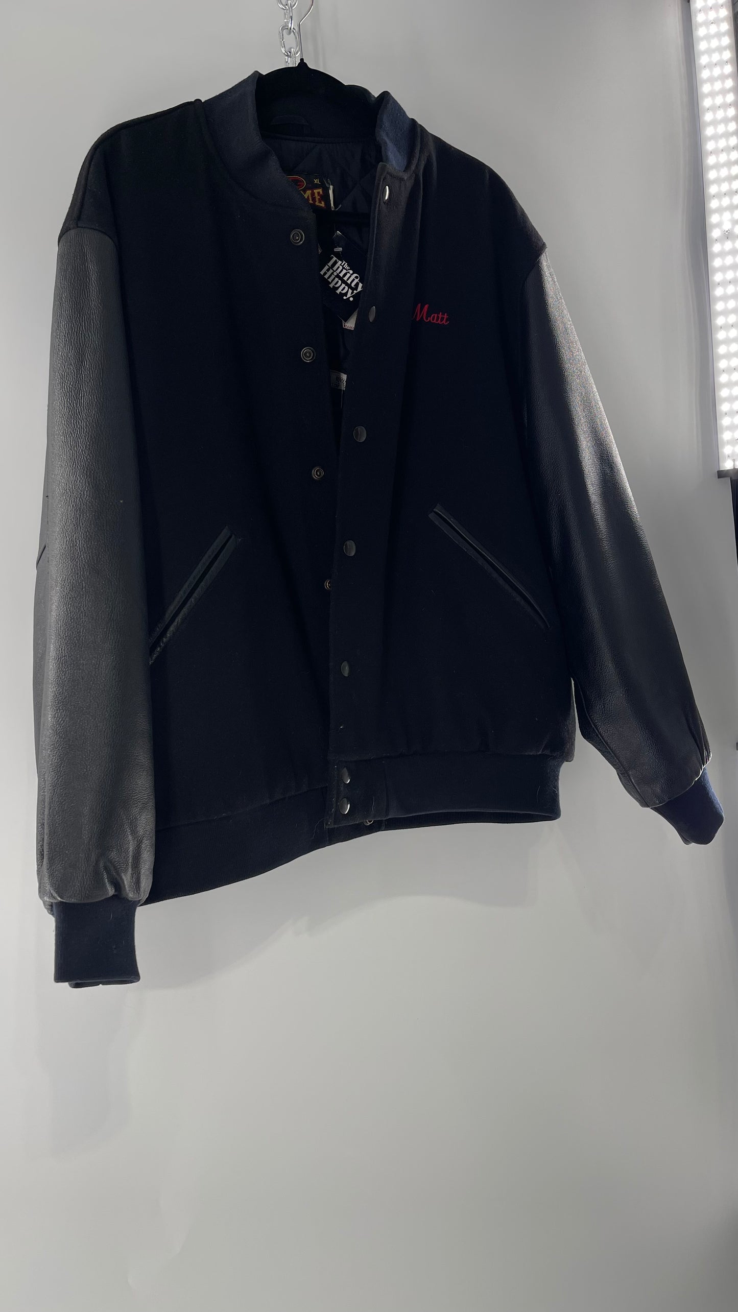 Vintage Somers Football Varsity Jacket with Leather Sleeves “Matt” Embroidery and Red Lettering (XL)