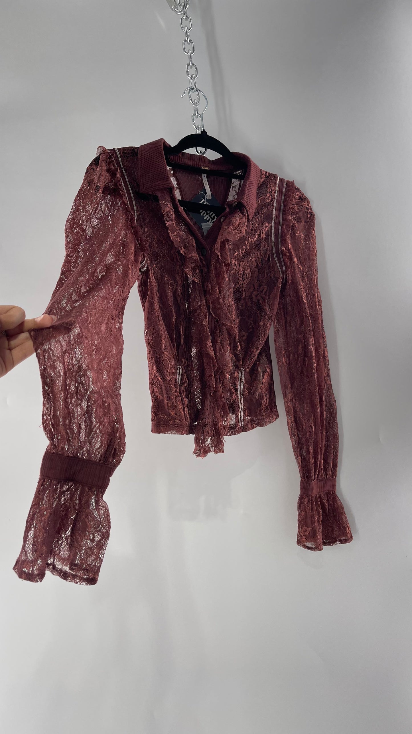 Free People Burgundy Lace Button Front Blouse with Balloon Sleeves and Ruffle Front Detail (Small)