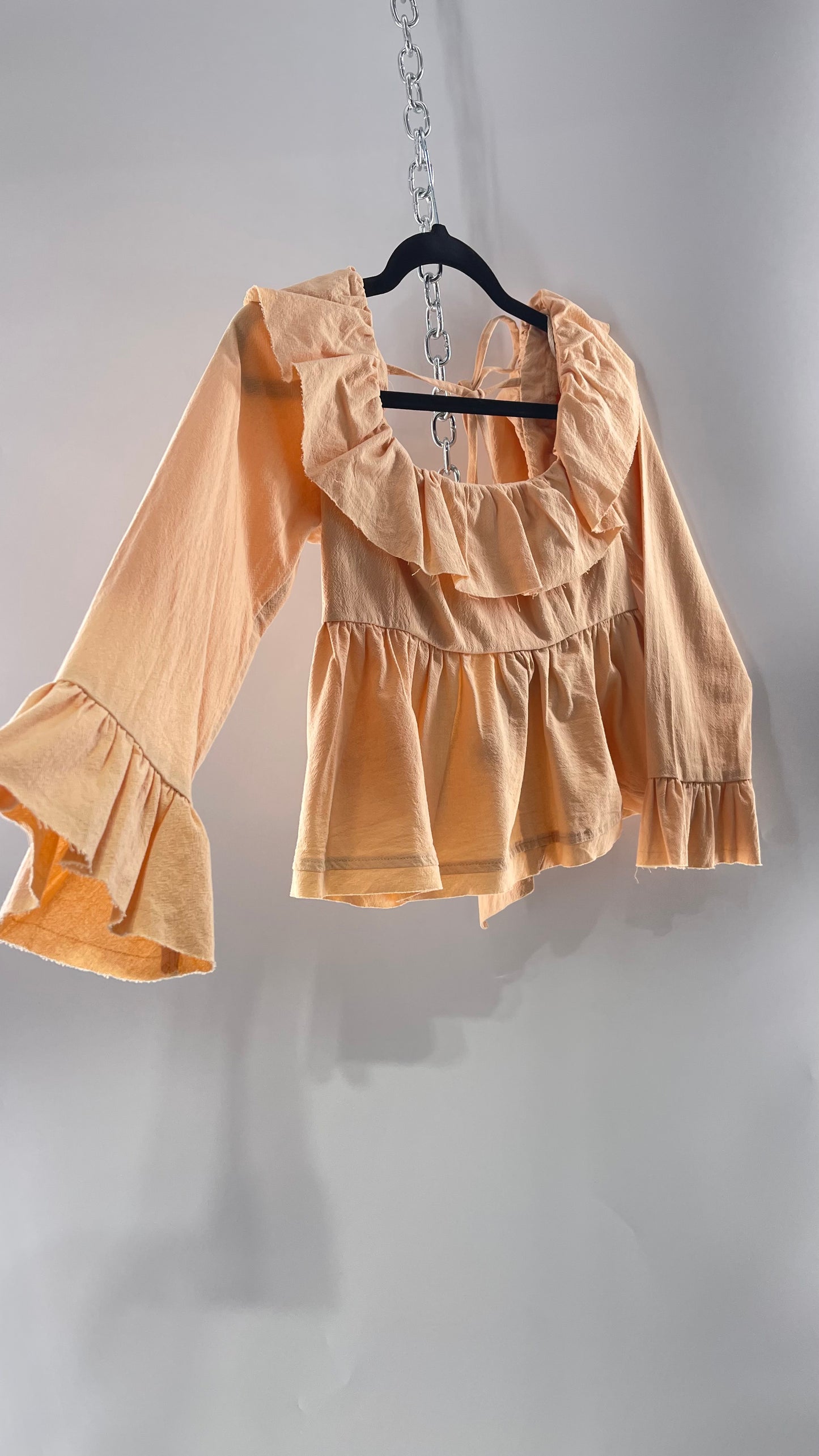 Free People Pumpkin Light Orange Backless Bow Back Cropped Blouse with Ruffle Sleeve and Neckline (XS)