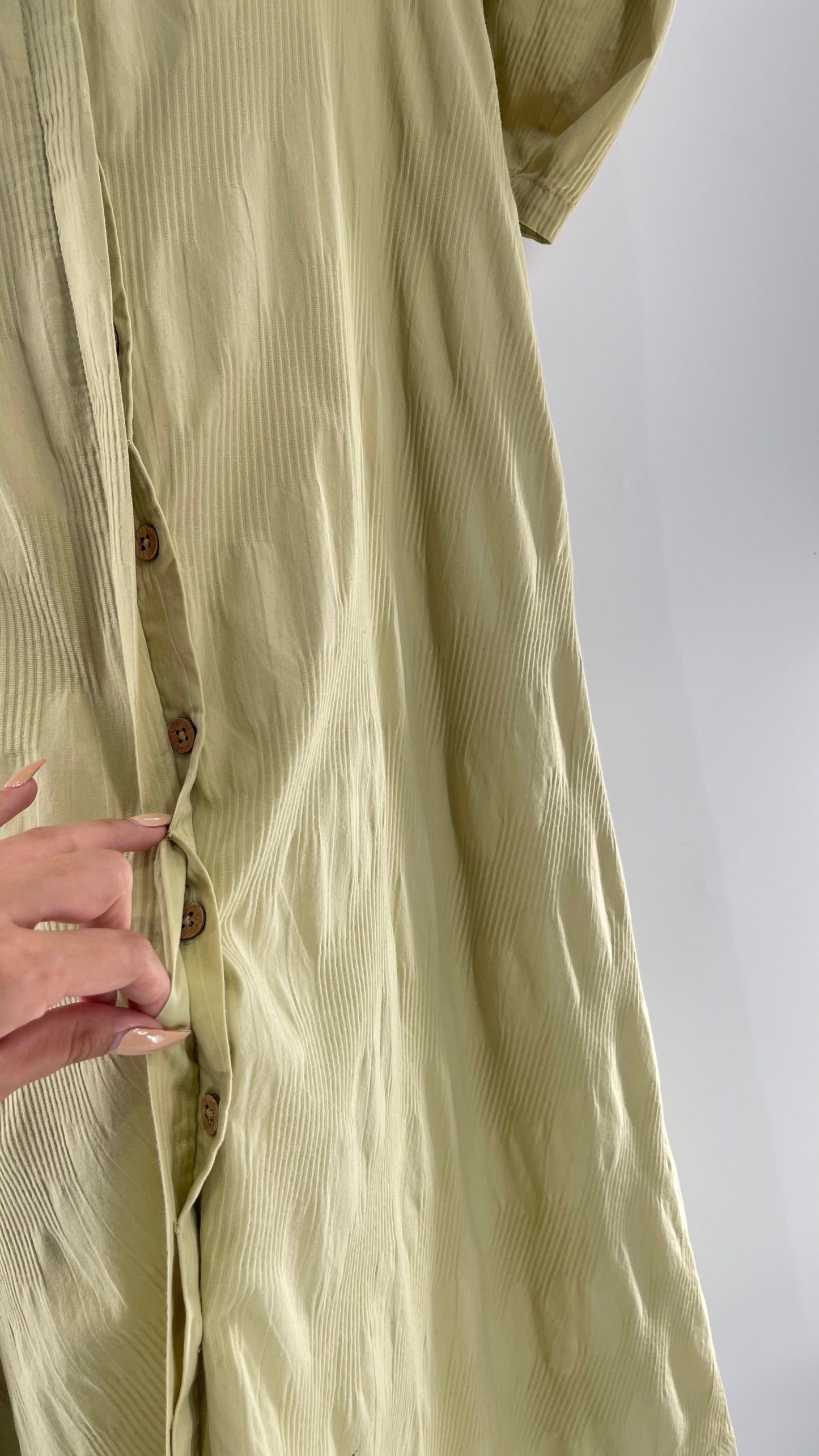 Free People Sage Green Textured Hidden Wooden Button Front Maxi with Back Pleating (Small)