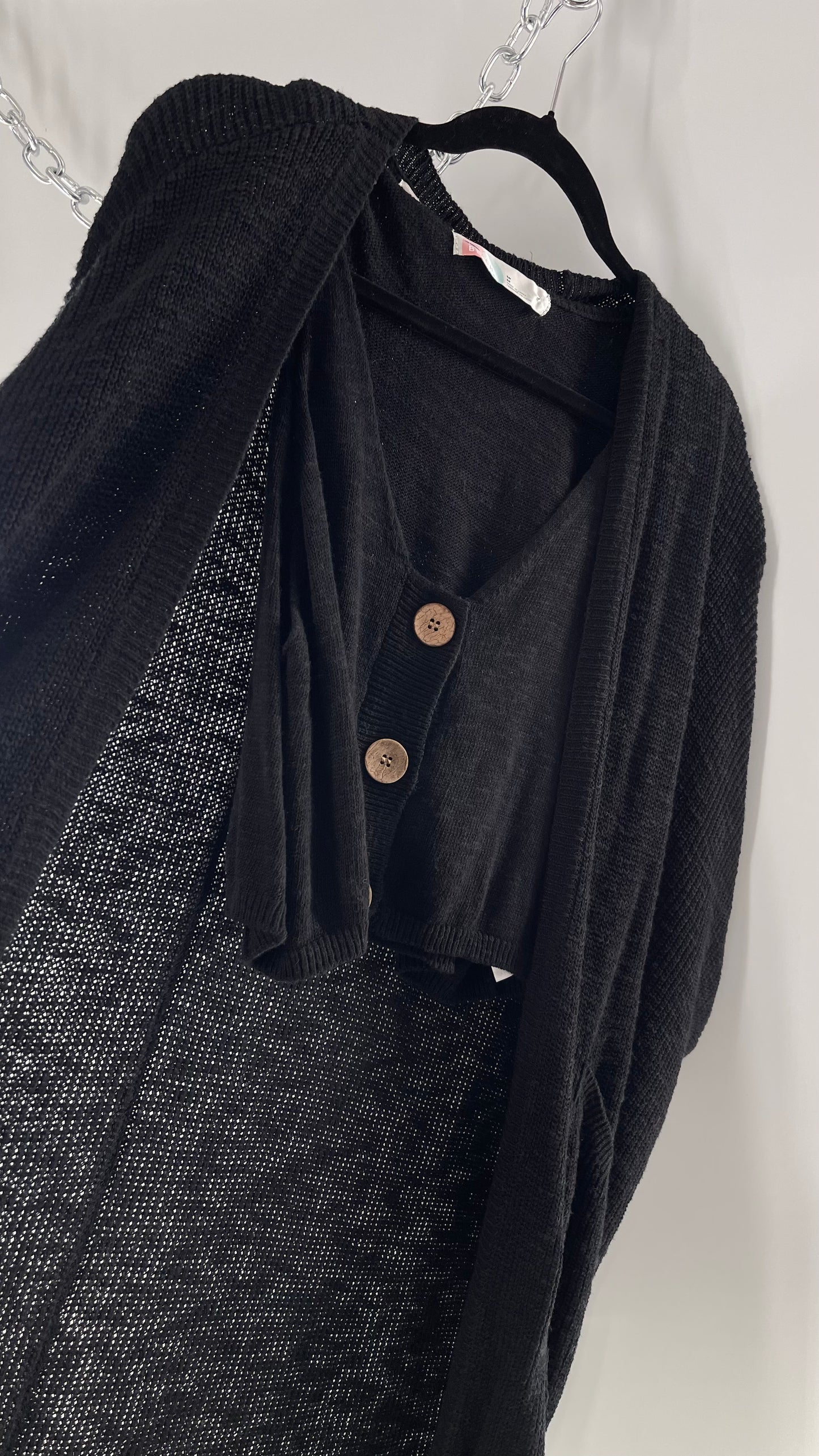 Free People Kai 3 piece Black Knit Cardigan, Tank, Shorts Set with Extra Button Never Worn (Medium)