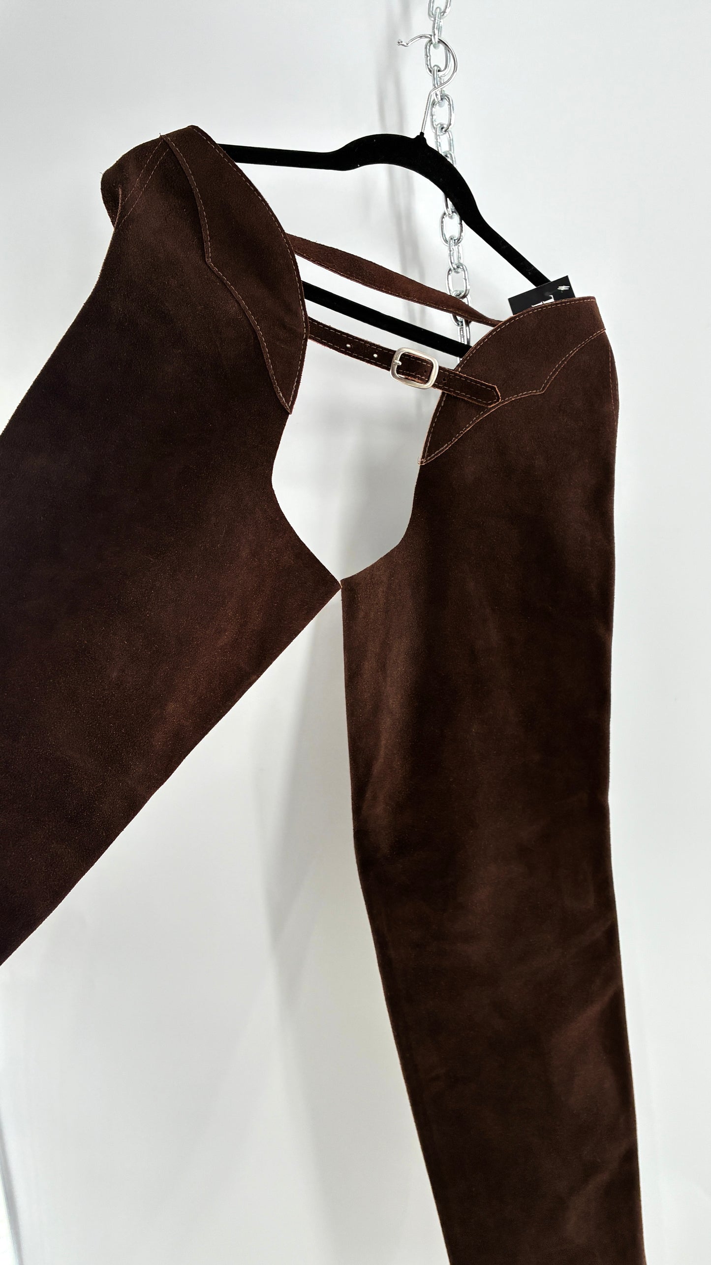 Vintage Chocolate Brown Genuine Suede Leather Chaps with Heavy Duty Side Zipper Detail (XS)