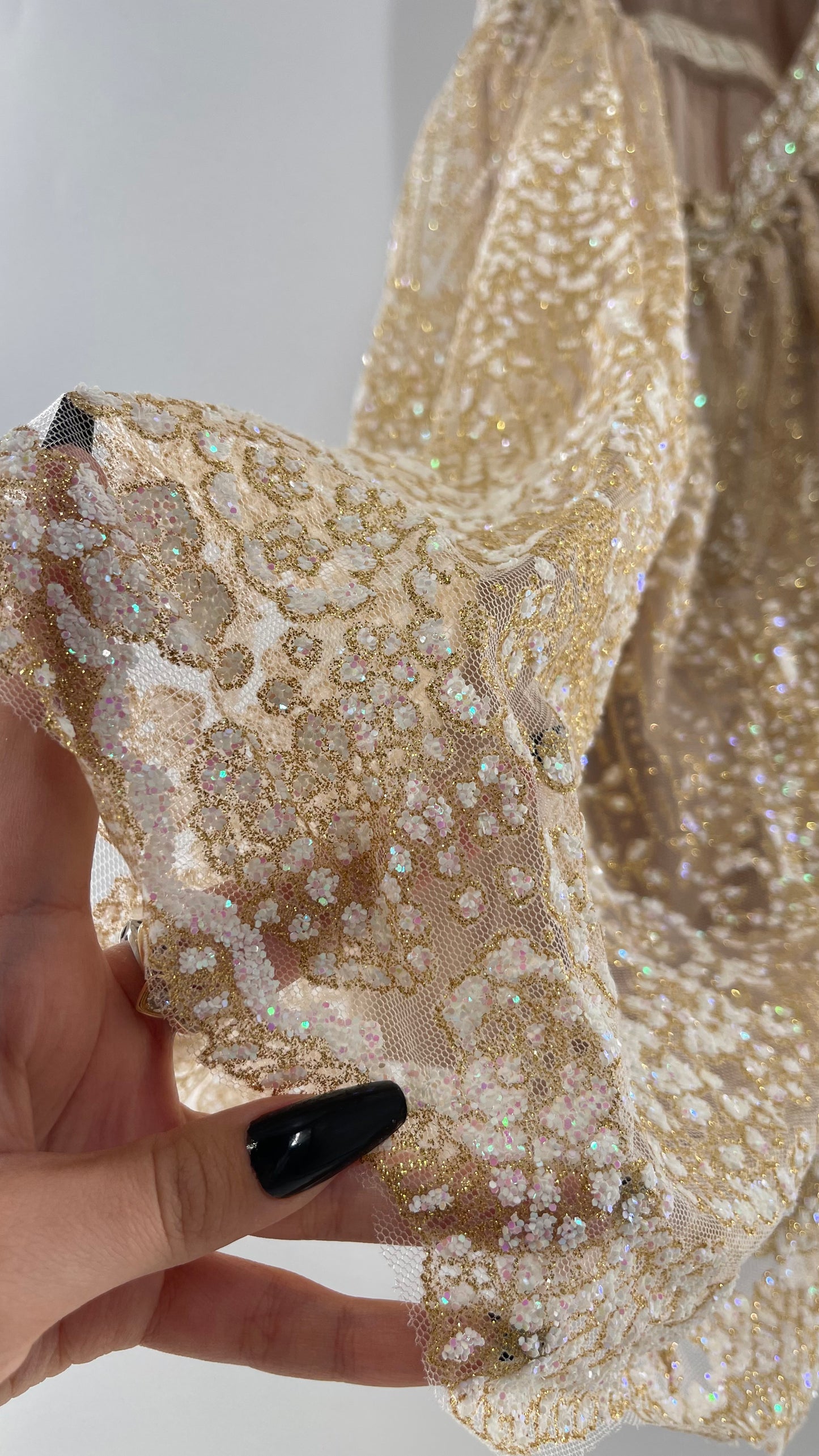 Hello Molly Fairy Sleeveless Chunky Iridescent Glitter Gold Mini Dress with Tie Up Back and Ruffle Sleeve (S)