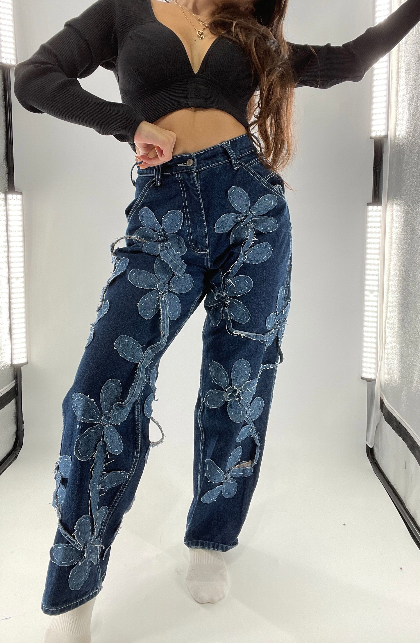 Handmade CUSTOM Dual Denim Tone Floral Vine Cargo Denims (S)