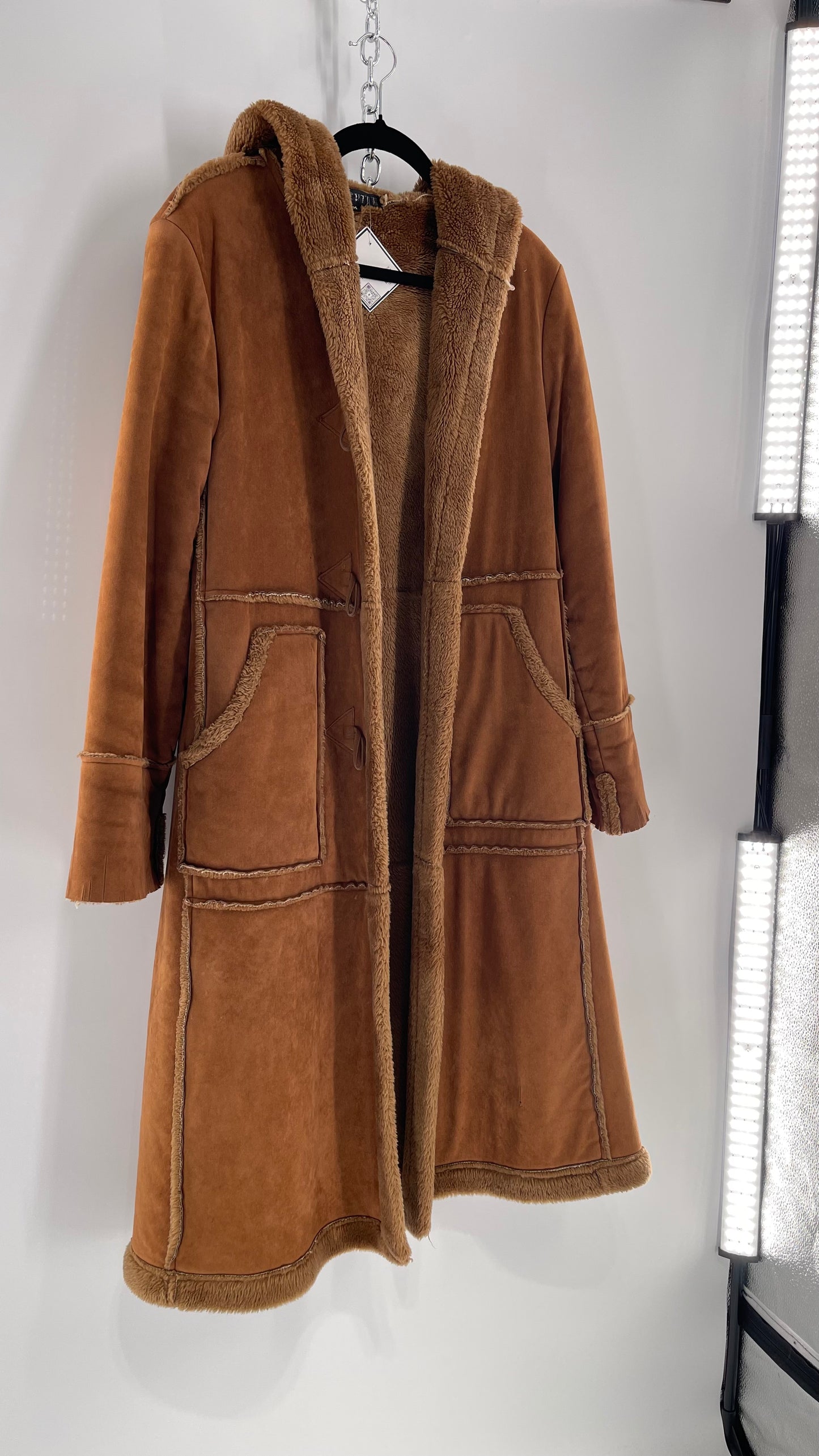 Vintage Faux Suede Long Hooded Coat with Fur Trim/Piping (C)(Medium)