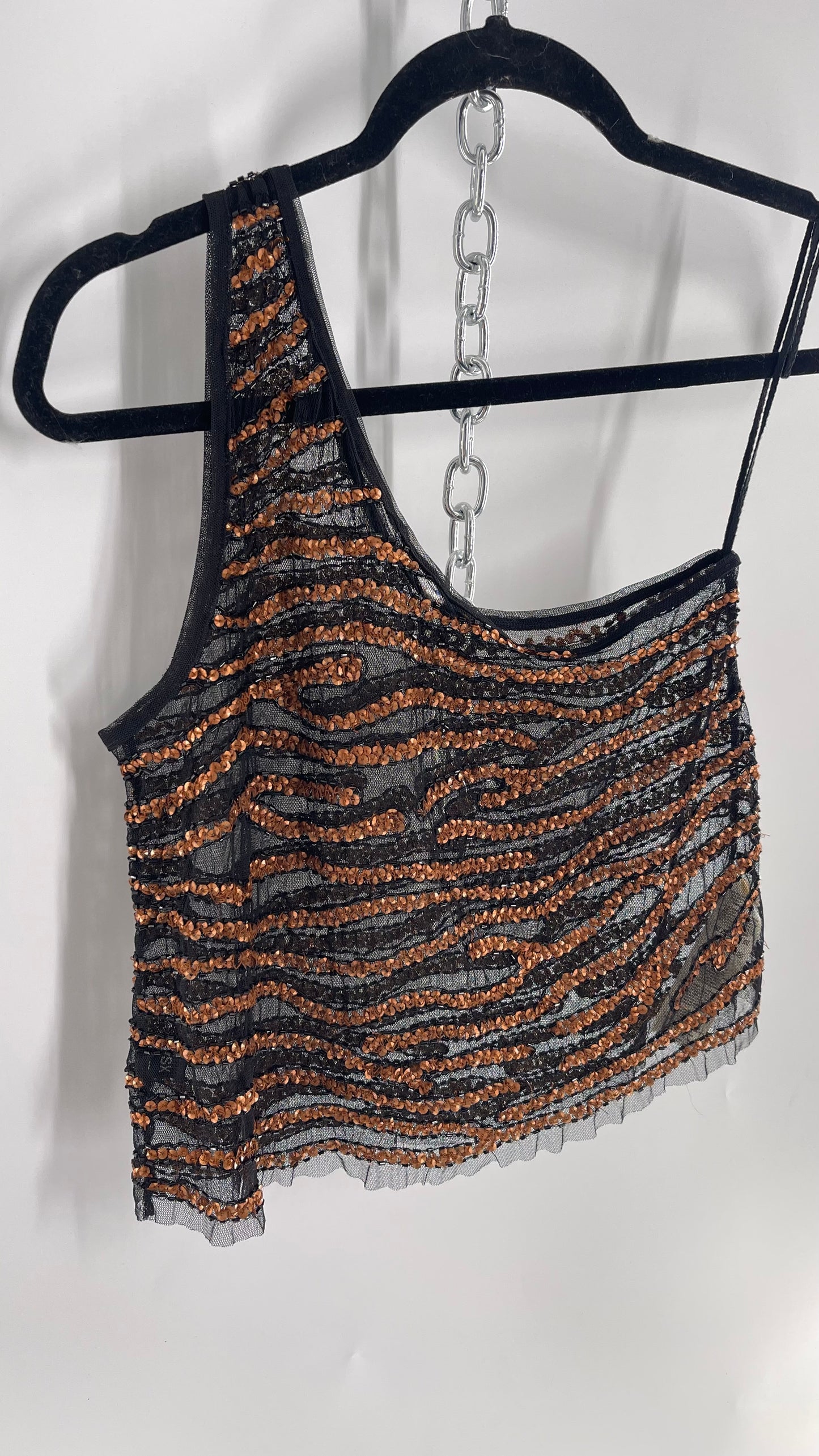 Free People Black Mesh One Shoulder Blouse with Copper Zebra Patterned Sequins (XS)