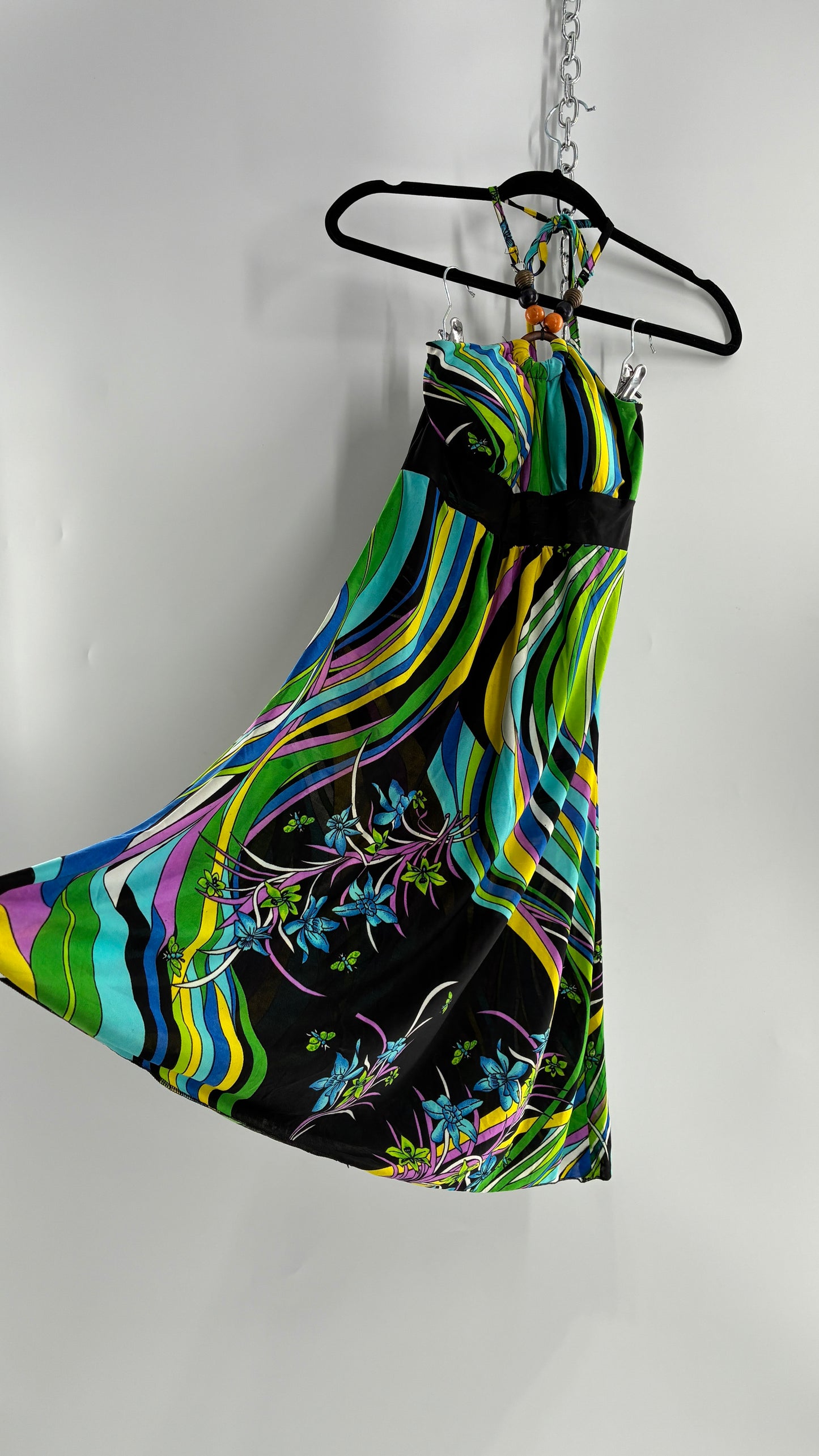 Vintage 1990s Halter Contrast Swirl Dress with Beaded Choker and Built in Bust Padding (Small)