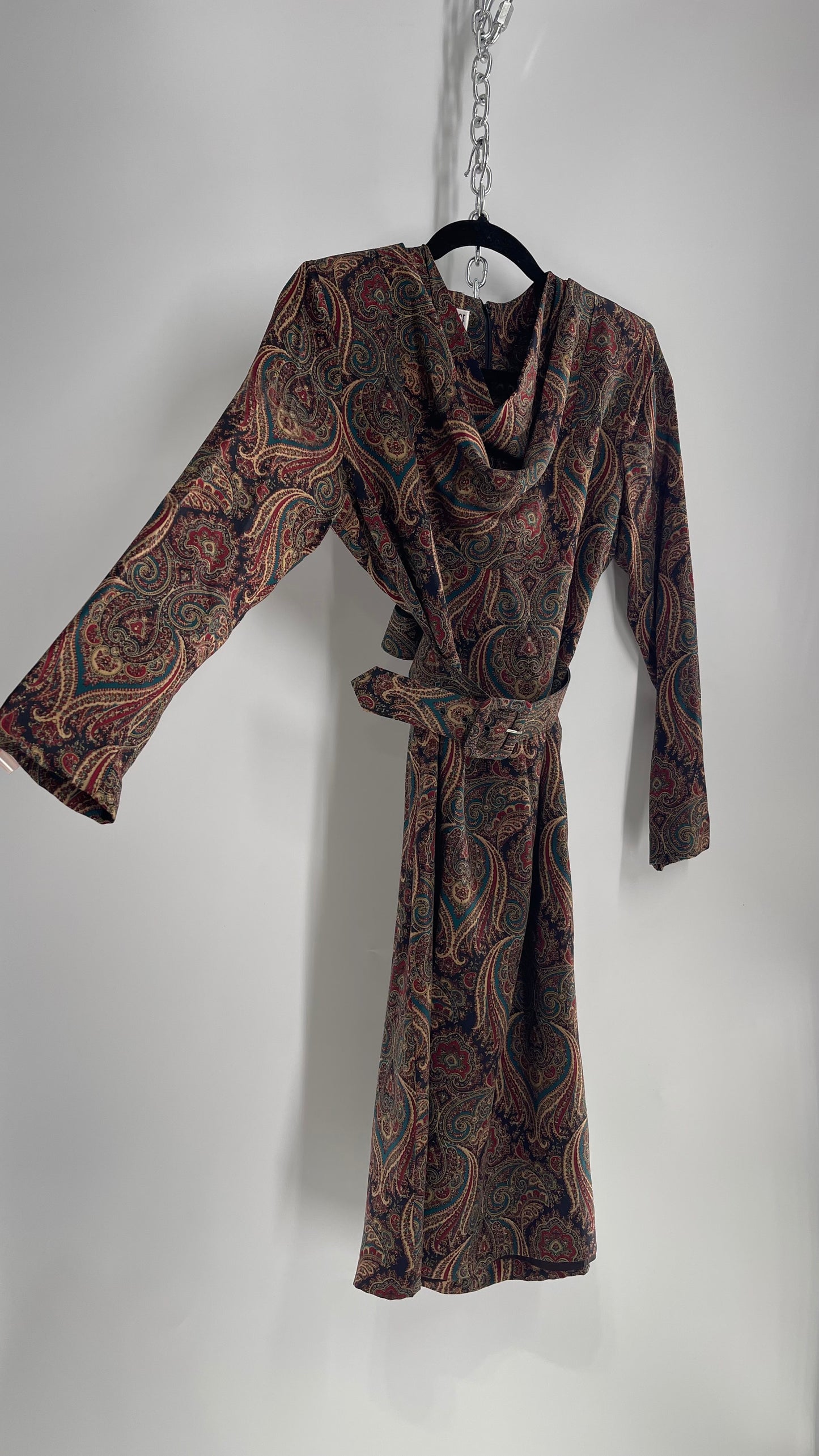 Vintage 100% Silk Paisley Belted Dress with Cowl Neckline (8)