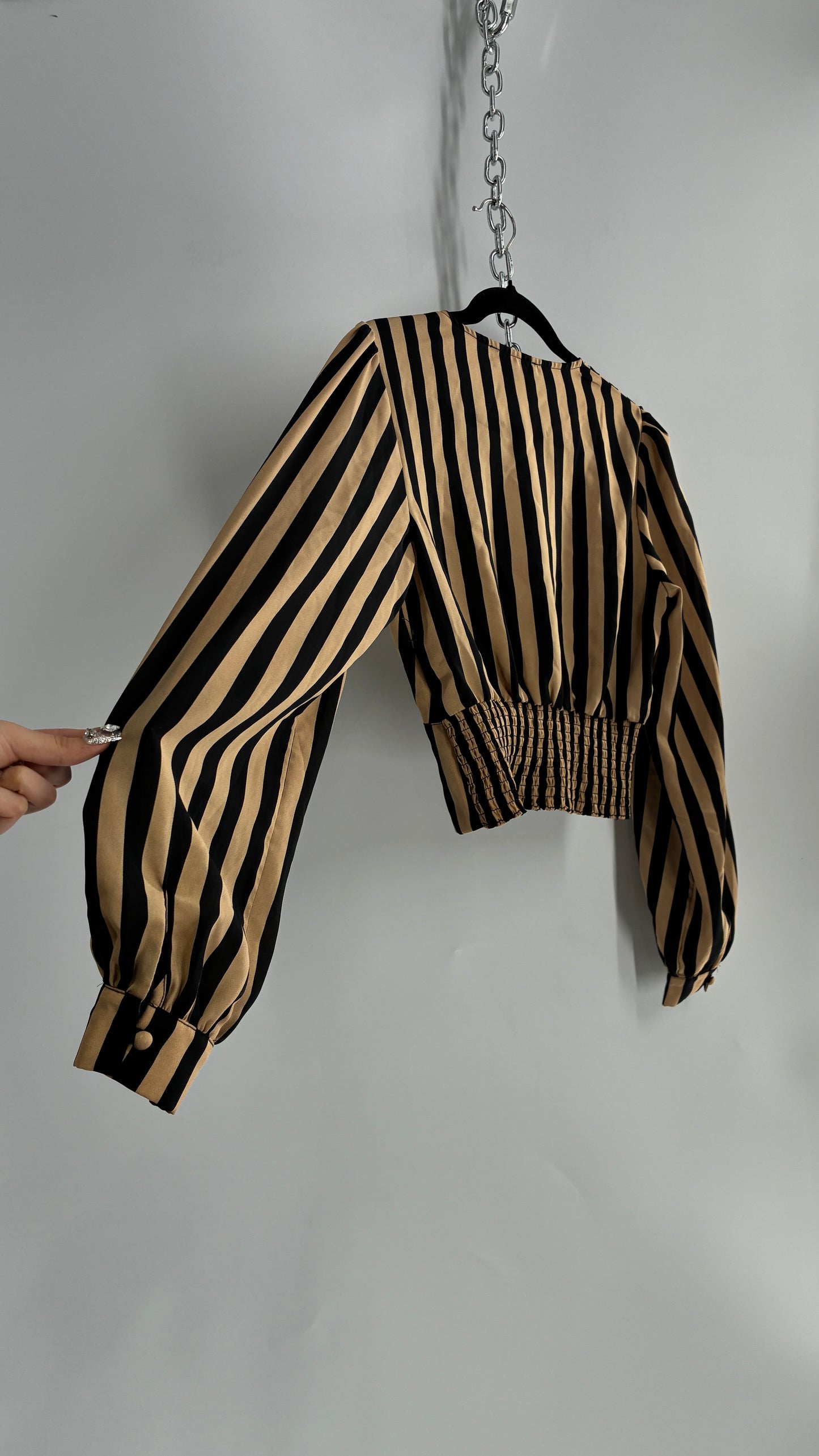 LULUS Striped Tan and Black Balloon and Corseted Waist (Medium)