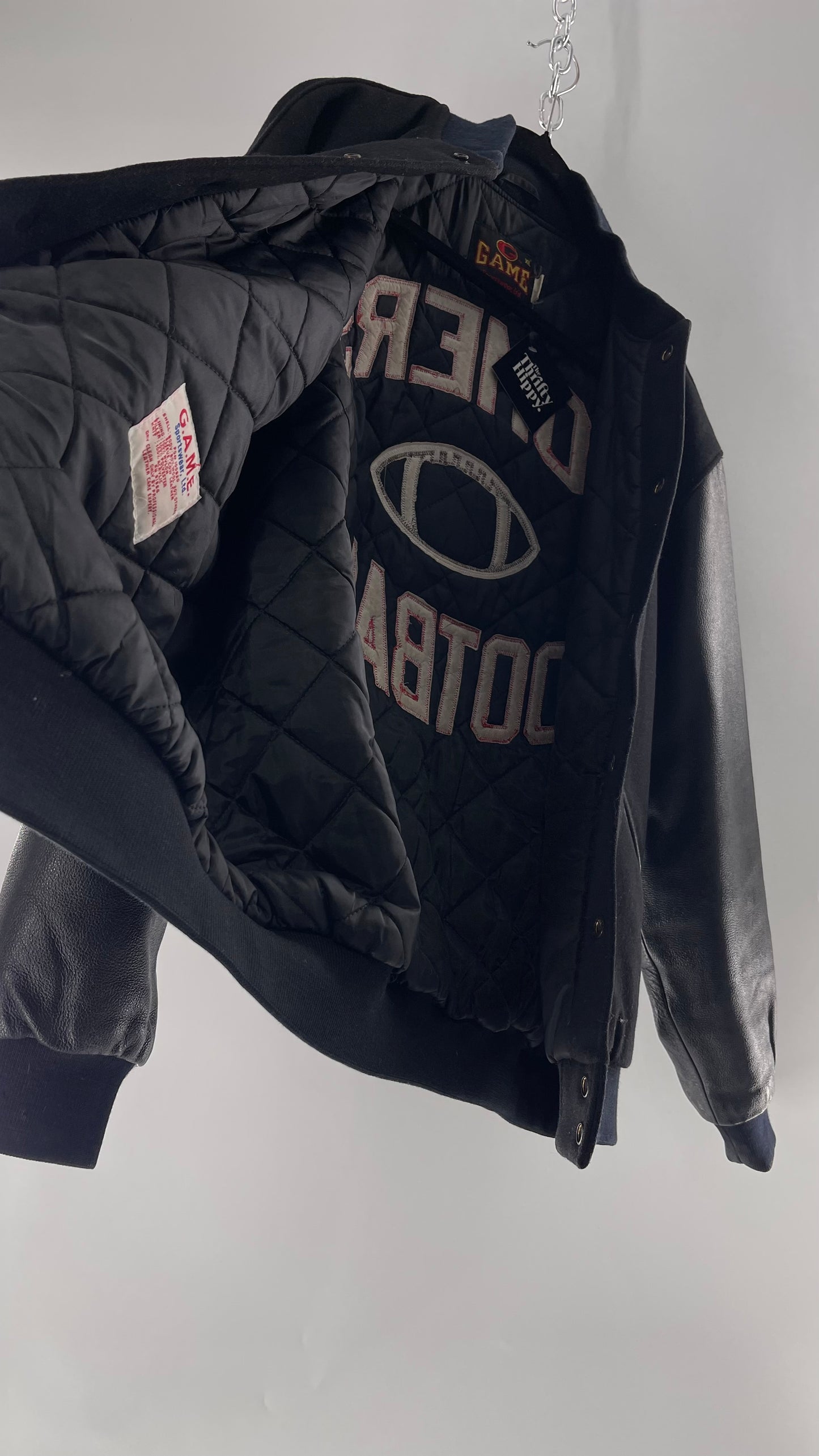 Vintage Somers Football Varsity Jacket with Leather Sleeves “Matt” Embroidery and Red Lettering (XL)