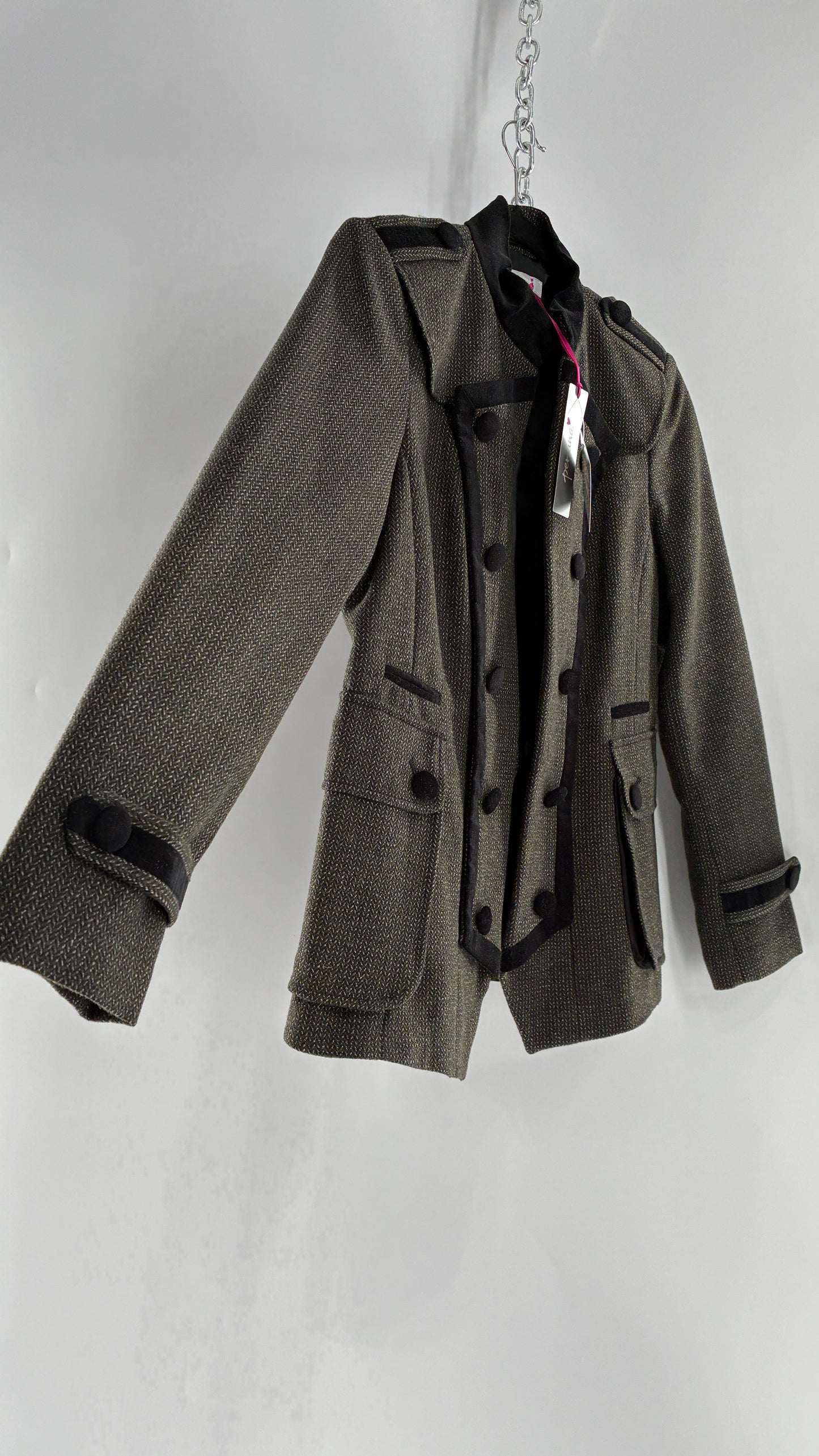 Deadstock Vintage PER UNA 41% Wool Grey Drummer Military Jacket with Black Velvet Piping and Tags Attached (12)