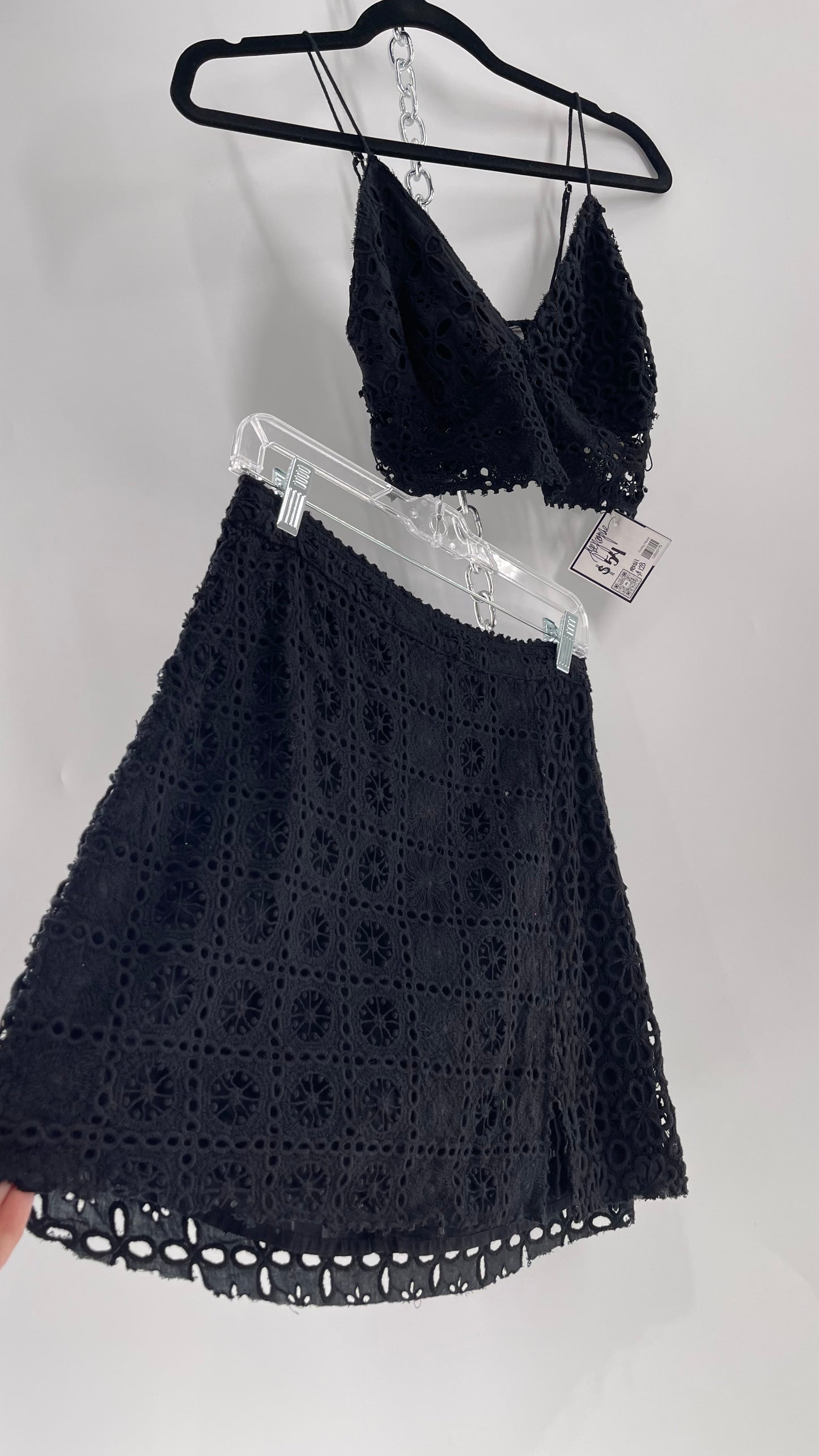 Free People Black Eyelet Lace Mini Skirt and Bustier Set (6)