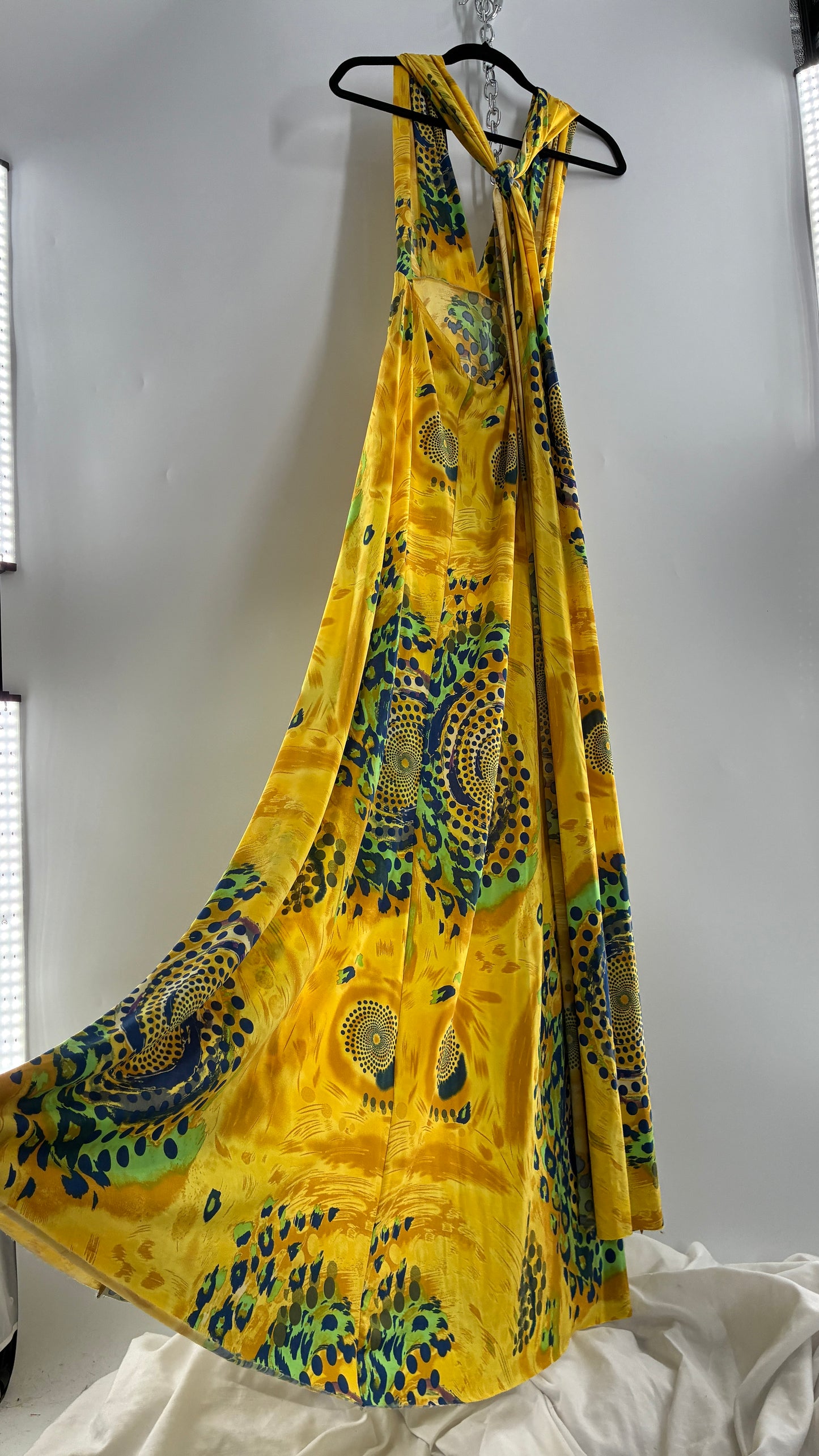 Vintage NARCISA LANG Lycra Full Length, Backless Yellow Dress with Graphic Pattern (XS/S)