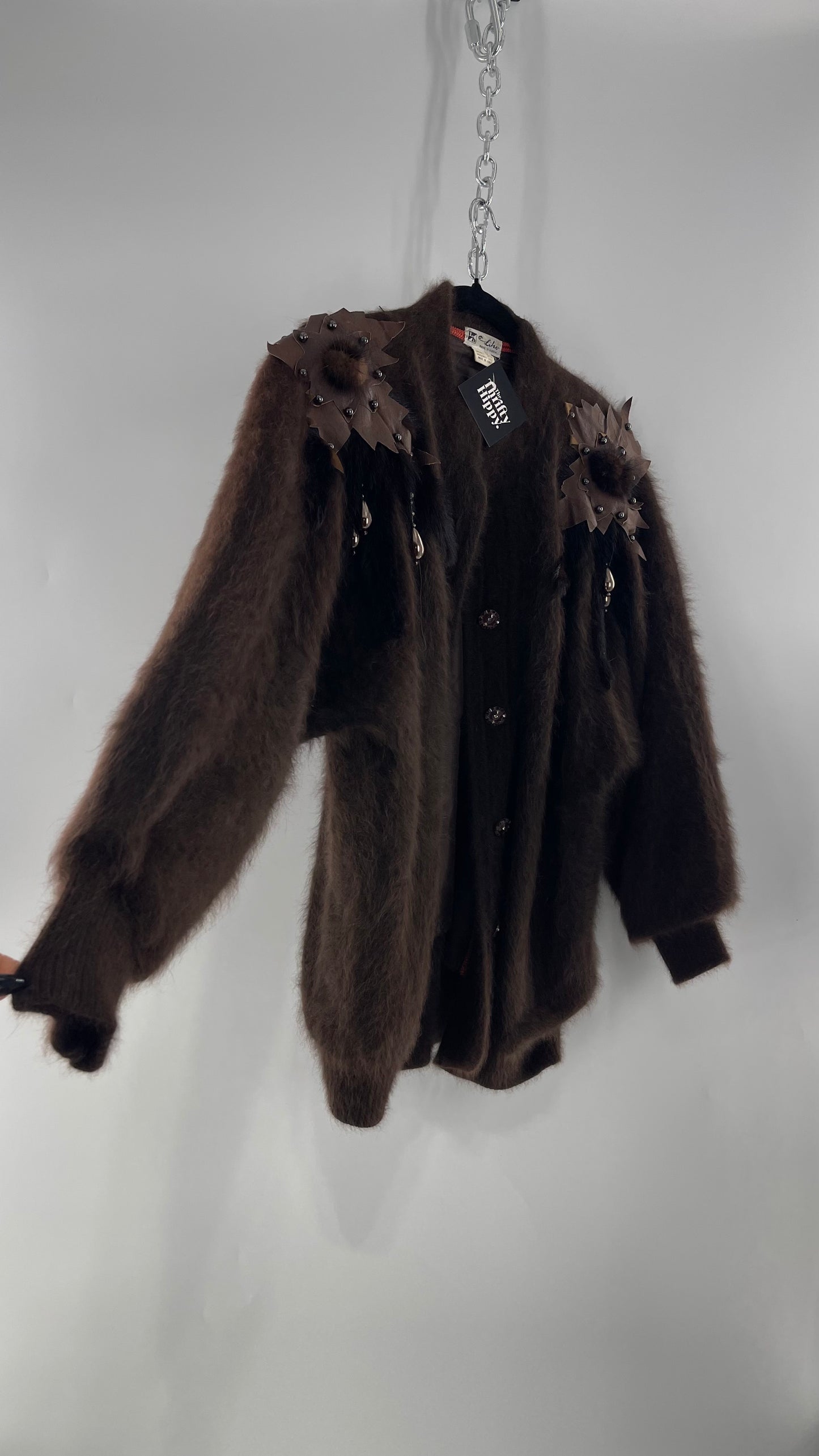Liho Korean Vintage Brown Cardigan with Leather, Fur and Beaded Detailing 15% Wool 75% Angora  (C)(Medium)