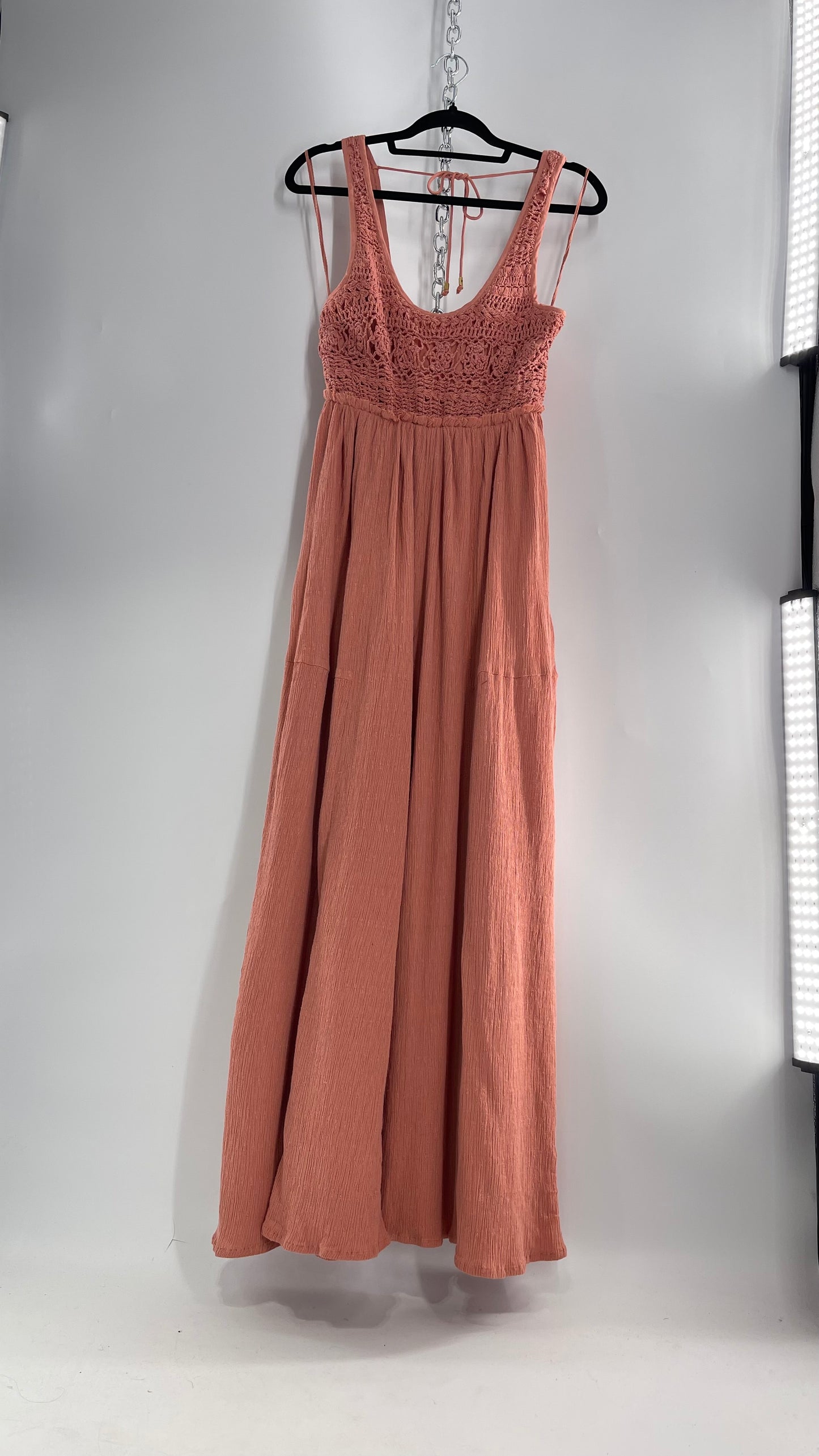 Free People Rose/Peach Pink Wide Leg Jumpsuit with Crochet Bust and Tags Attached (XS)