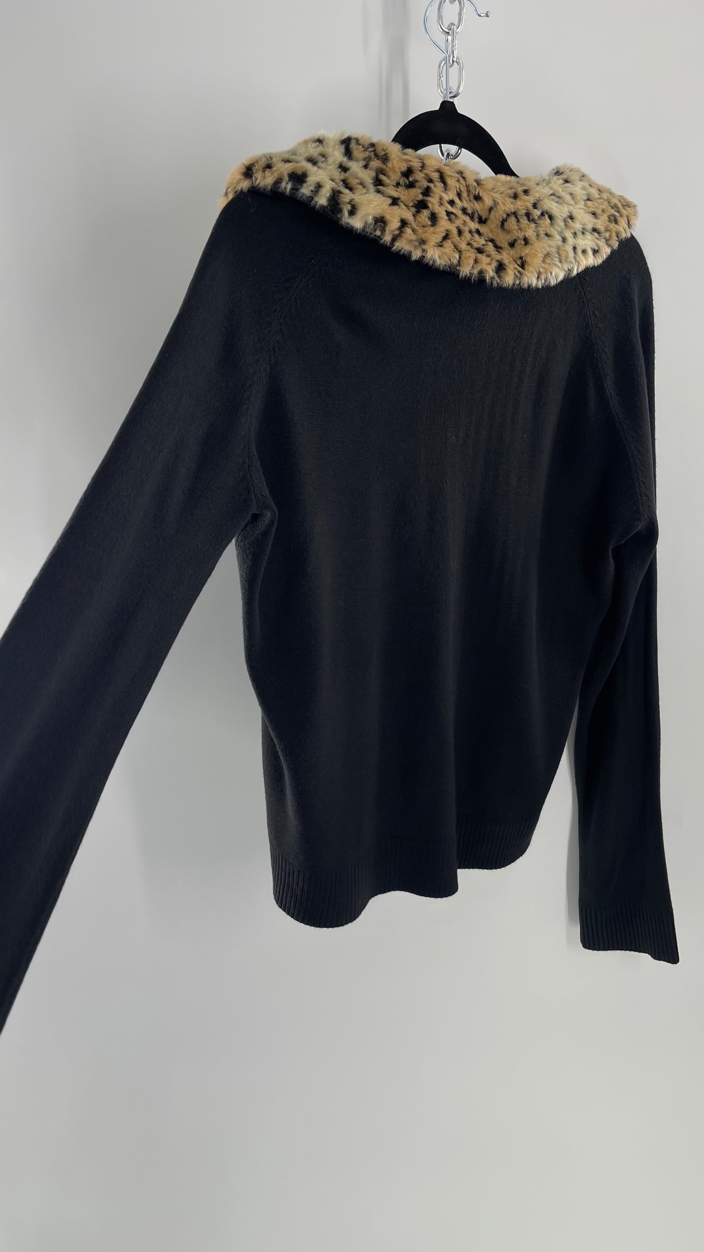 Vintage Cheetah Fur Trim Collar Cardigan (Large)