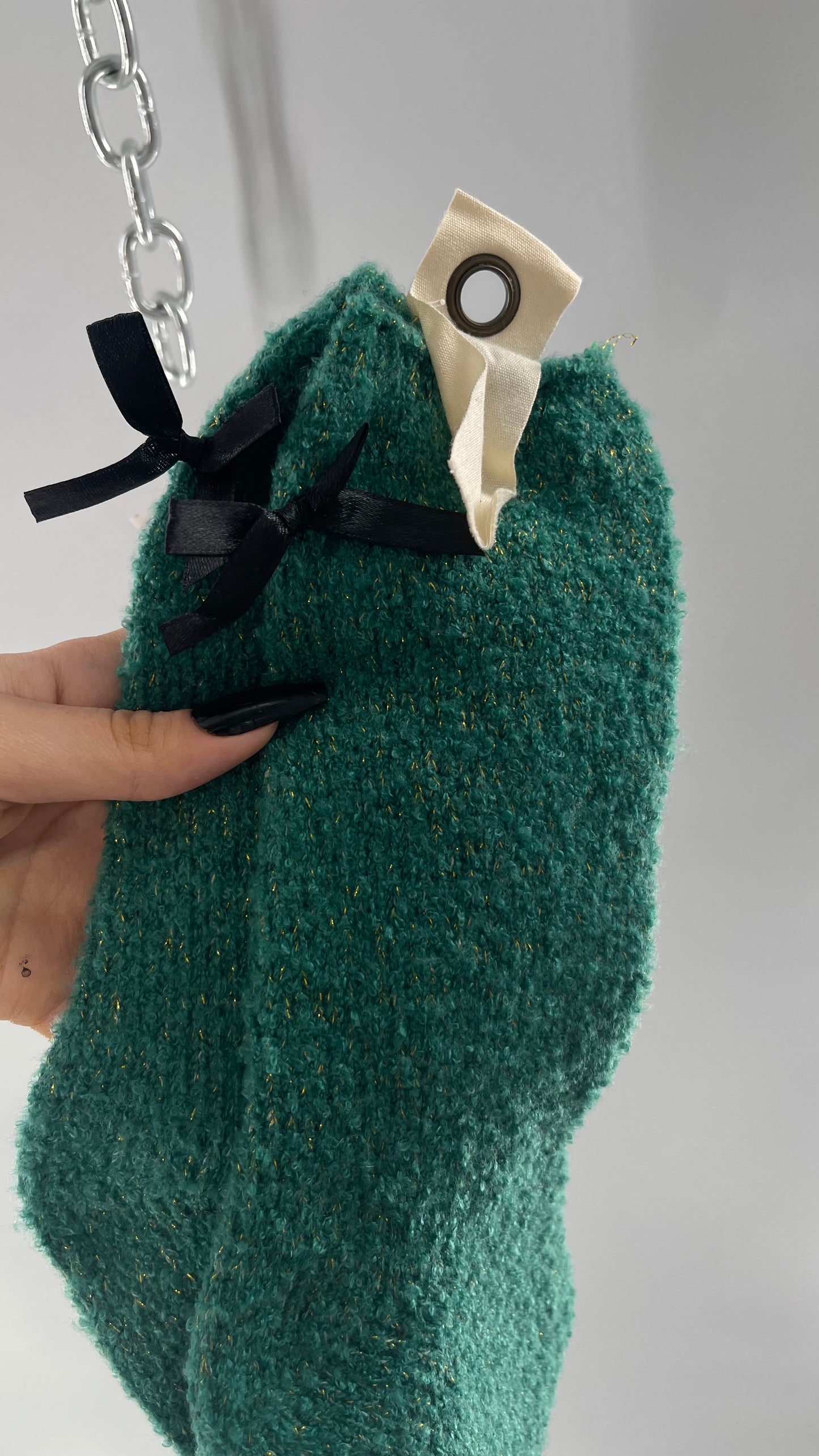 Free People Festive Green Socks with Gold Tinsel and Black Satin Bow Detail
