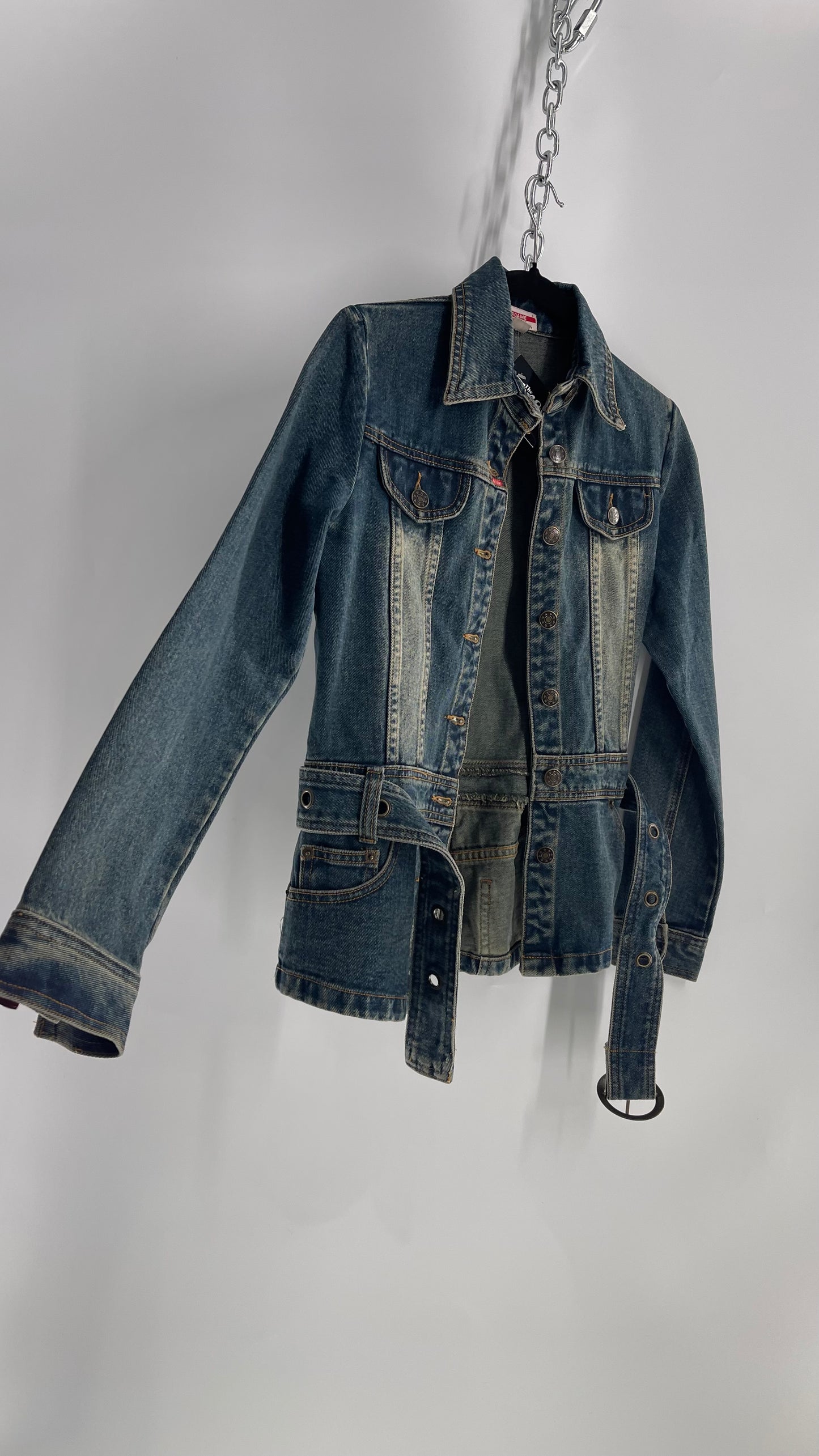 Vintage Madame Denim Culture Medium Wash Fade Jacket with Waist Belt and Back Pocket Details (Medium)