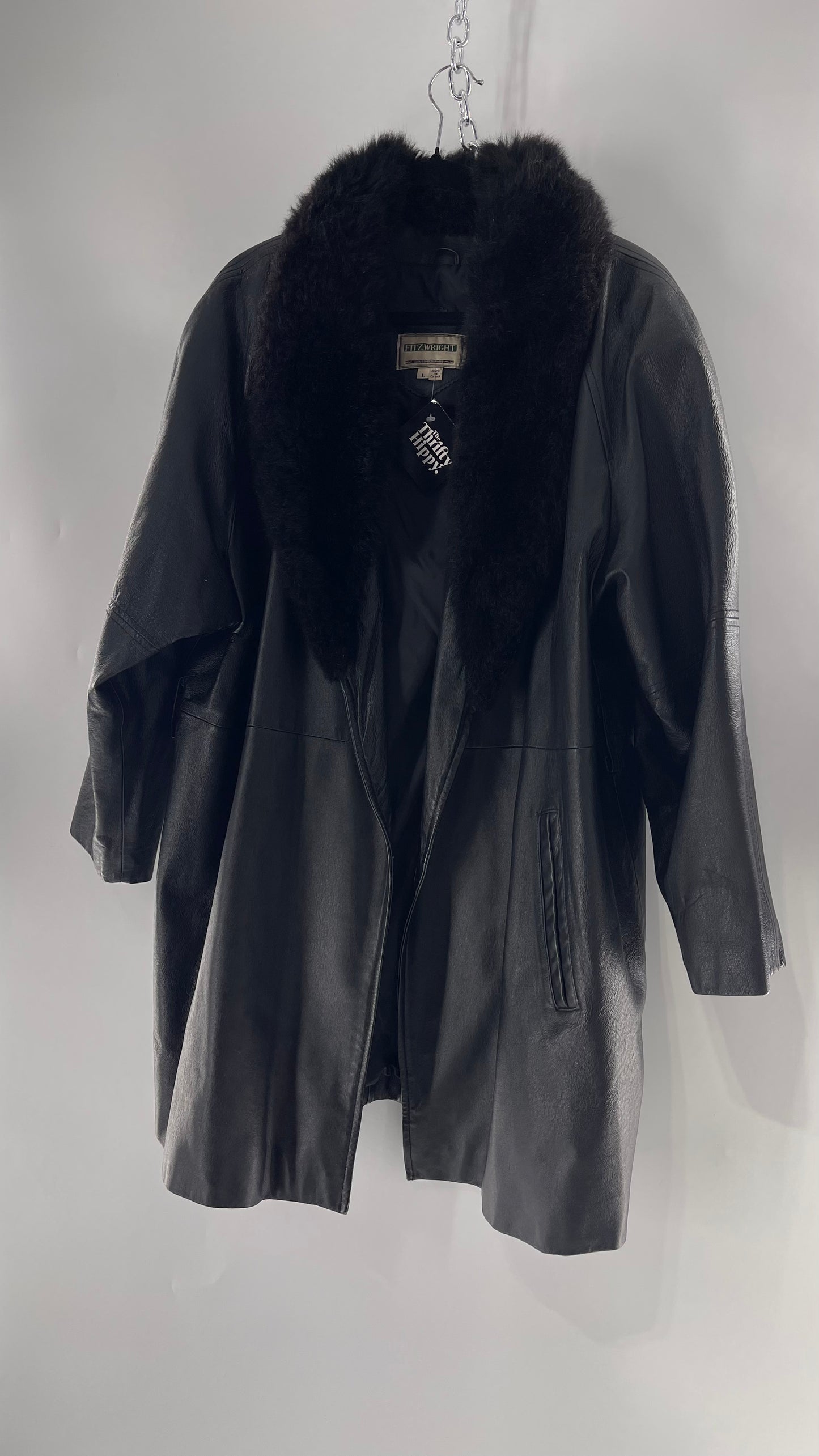 FITZWRIGHT Vintage Black Leather Coat with New Zealand Opposum Fur Collar and Faux Fur Belt (C)(Large)