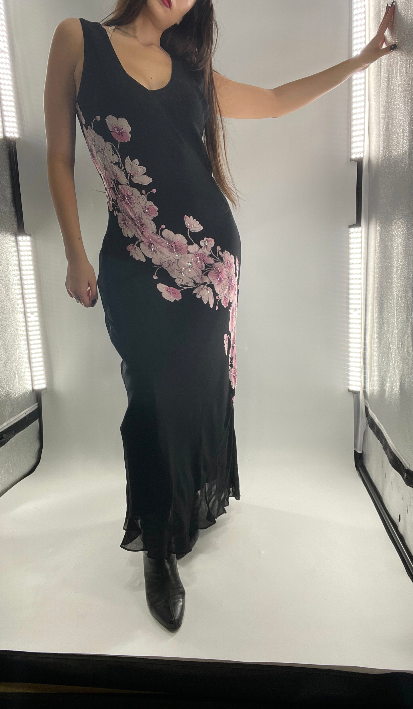 Vintage Dress Barn Black Slinky Maxi Dress with Pink Floral Graphic and Sequins (L)