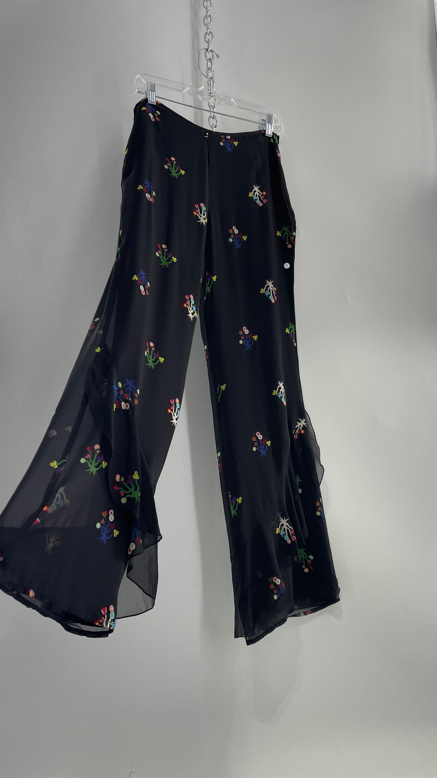 Cynthia Rowley Black Flared Pants with Colorful Abstract Florals, Dual Lining and Ruffle Trim (4)