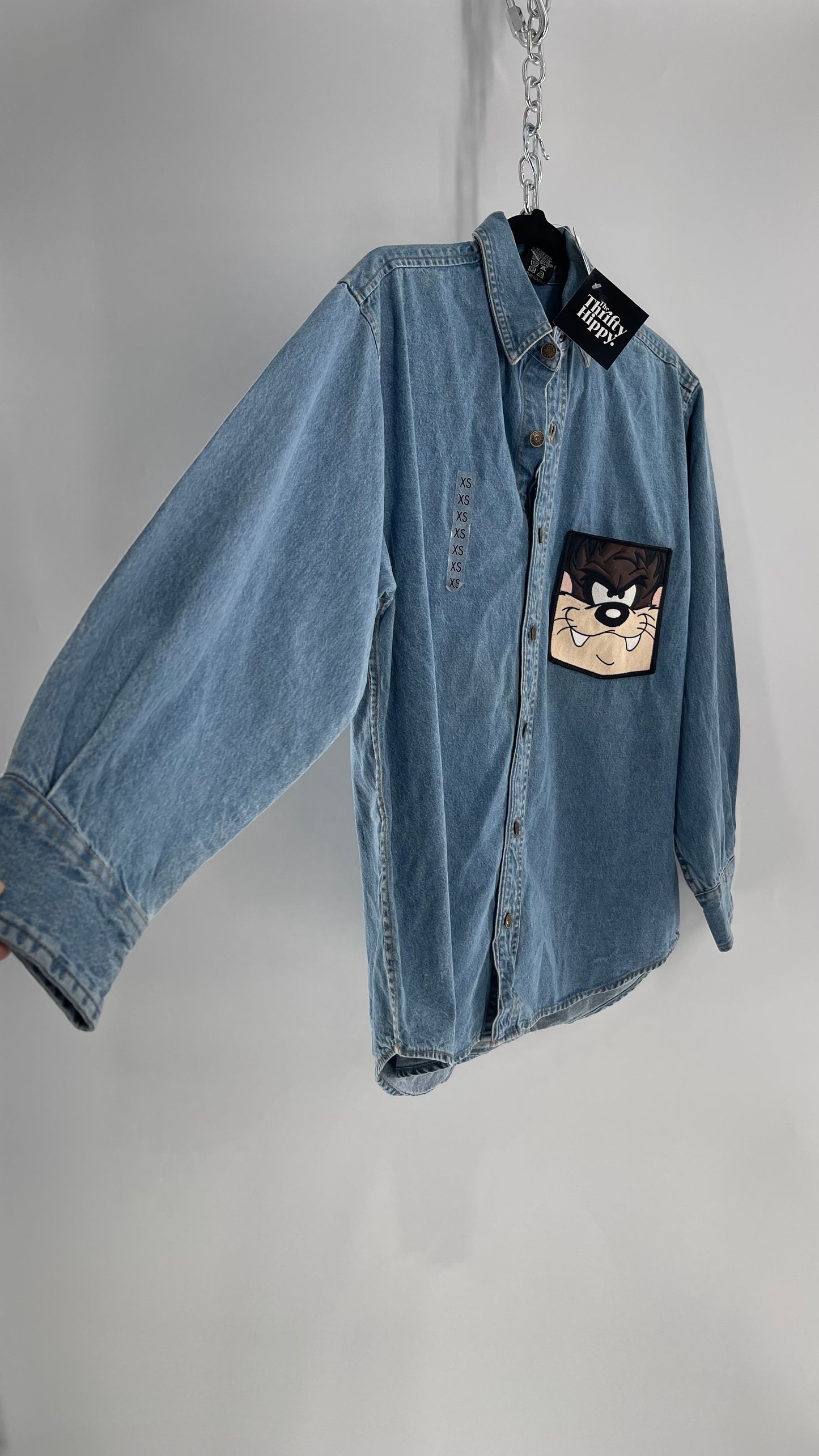 Deadstock Vintage Warner Bros Looney Tunes Denim Longsleeve with Embroidered Taz Pocket (XS/S)