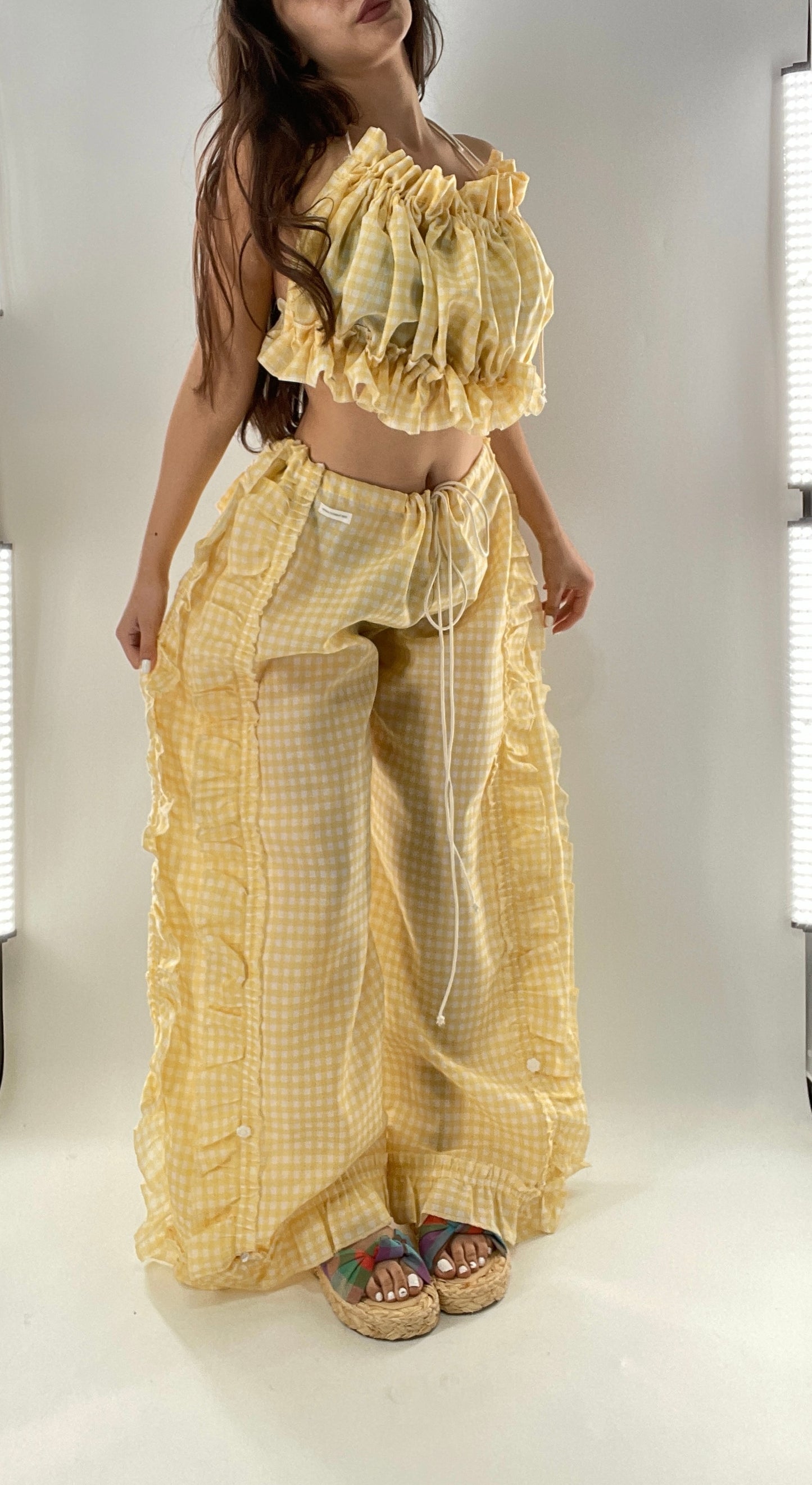 Vintage 2 Piece Yellow Checkered/Gingham Patterned Picnic Set with Ruched Bust Top and Ruffle Side Wide Legs with Adjustable Length, Strap Up Buttons on Hem (One Size)